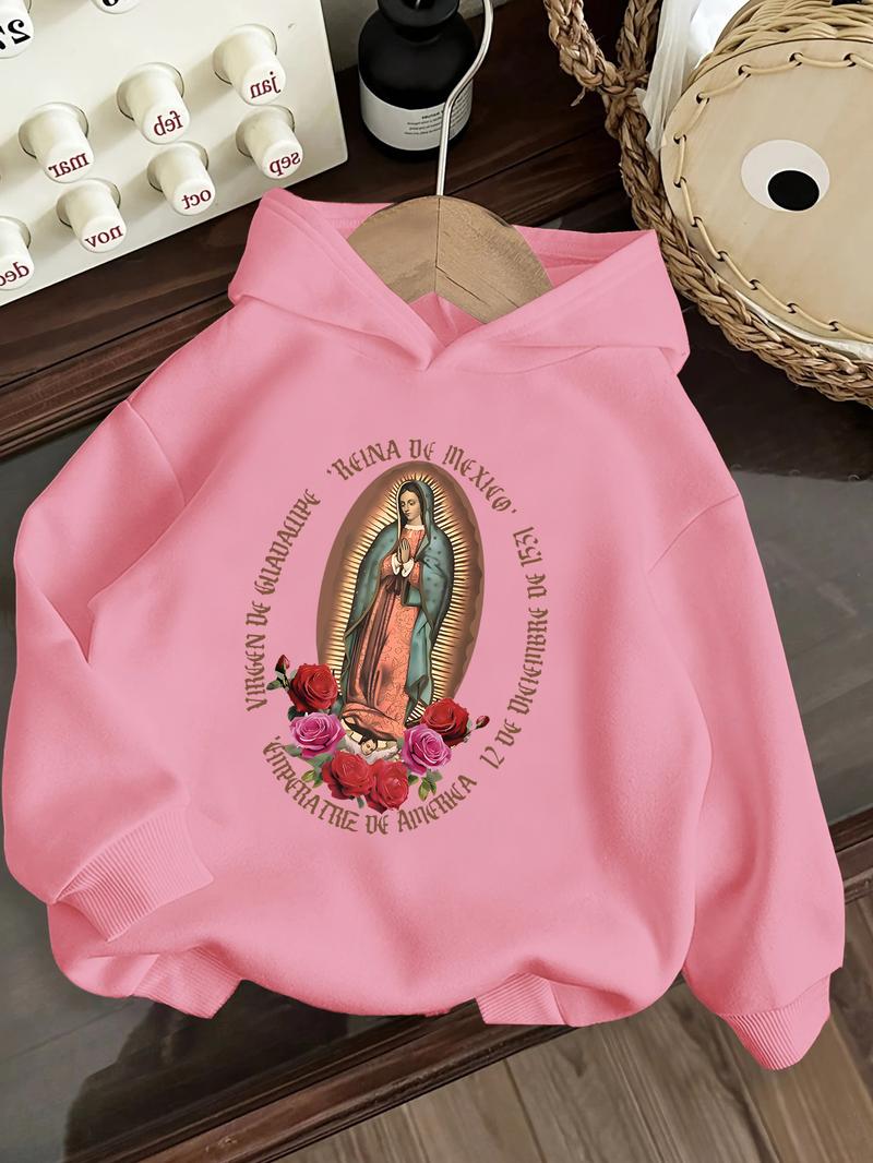 Girls' Mexican Virgin of Guadalupe Hooded Sweatshirt Vibrant Pink Religious Apparel Cozy Fall Winter Pullover for Catholic Girls Soft 100% Cotton Fabric Machine Washable