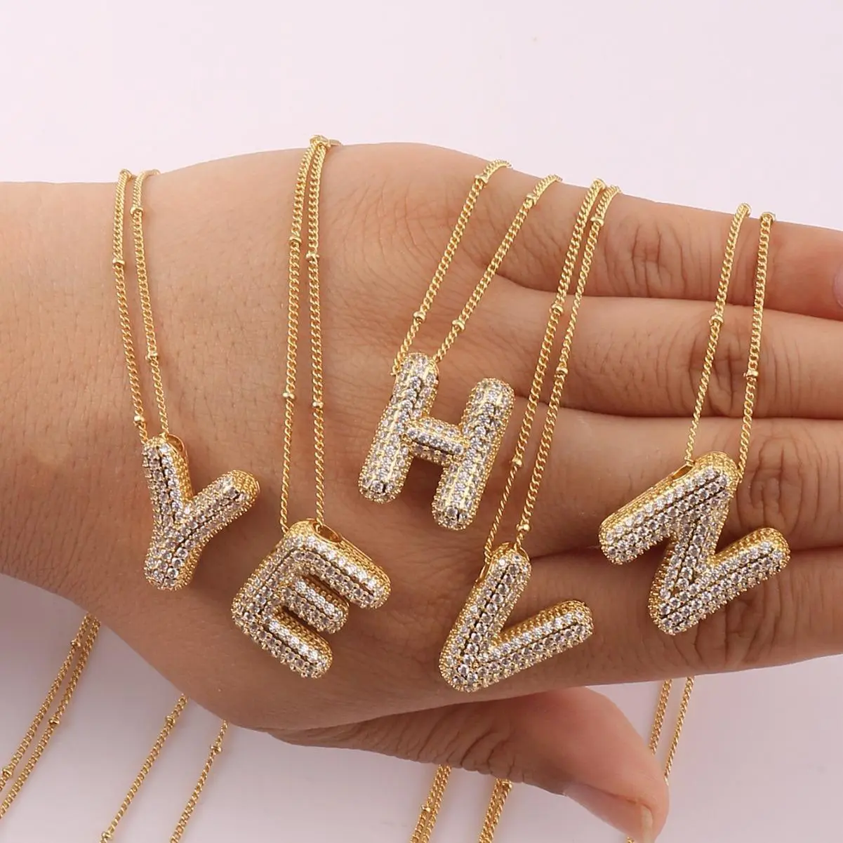18K Gold Plated Initial Pendant Necklace For Women Men Shiny Cubic Zirconia A-Z Letter Personalized Pendant Bubble Balloon Dainty Chunky Initial Charm Pendant Necklace Festivals, Birthdays Gift