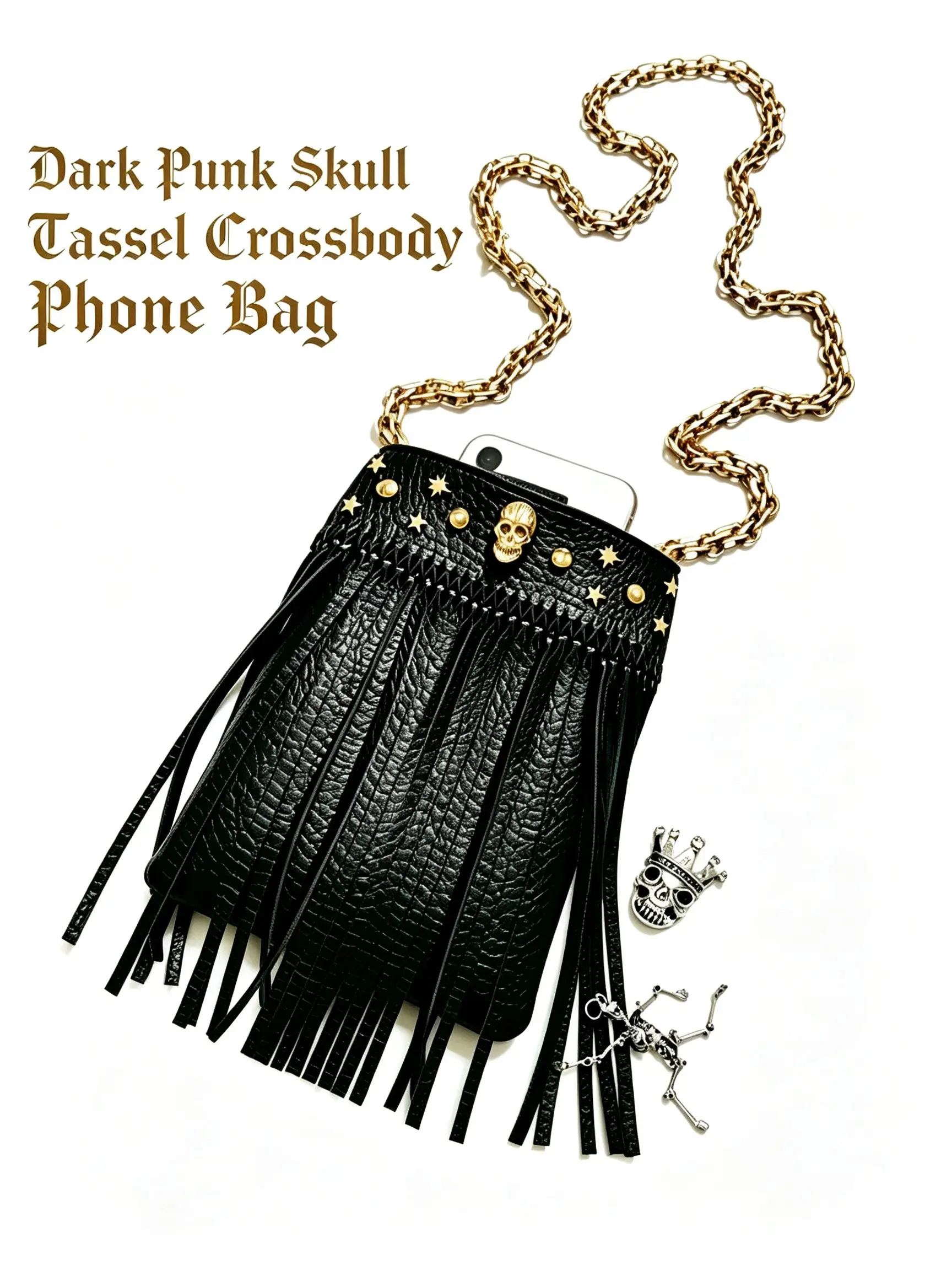 Dark Skull Fringe Chain Bag, Punk Style Rivet Crossbody Bag, Unique Cool Girl Shoulder Bag, Retro Rock Fashion, Halloween Accessory