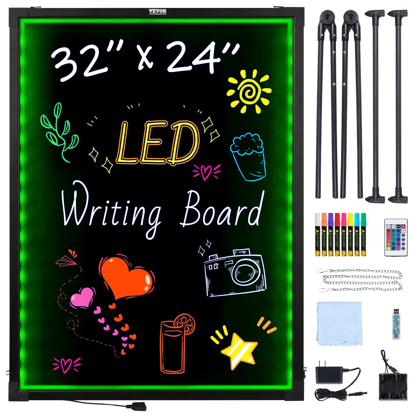 【toolupgrade】VEVOR LED Message Writing Board, 32" x 24" Illuminated Erasable Lighted Chalkboard, Neon Effect Menu Sign Board, Drawing Board with 8 Fluorescent Chalk Markers and Remote Contro Tested toStandards