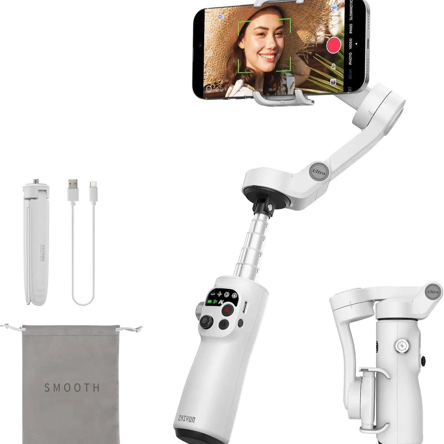 Zhiyun Smooth Q5 Ultra 3-Axis Gimbal Stabilizer for iPhone, Portable Foldable, Extension Rod, Fill Light, Tripod, 13.5h Battery