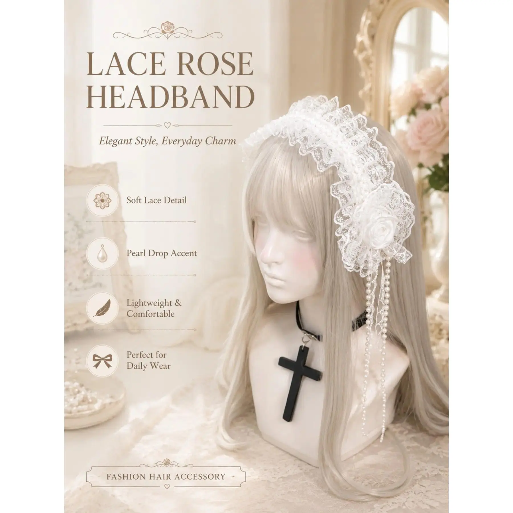 Women Gothic Lolita Lace Rose Headband with Pearl Pendant, Soft Stretch Elastic Vintage Lace Hair Band, Non Slip Hair Accessory, Goth Hair Accessories, Perfect for Halloween Cosplay, Gothic Lolita Costume Styling
