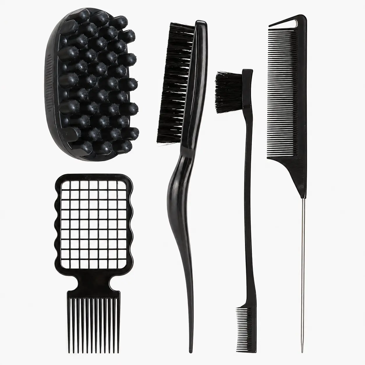 5Pcs Textured Hair Styling Tools Set, Texturizing Tools, Twist Curl Comb, Scalp Massage Brush, Edge Brush, Hair Pick Comb, Rat Tail Comb for Curly, Coily, Wavy & Thick Hair, Detangling, Sectioning, Edge Control, Curl Twisting & Daily Styling