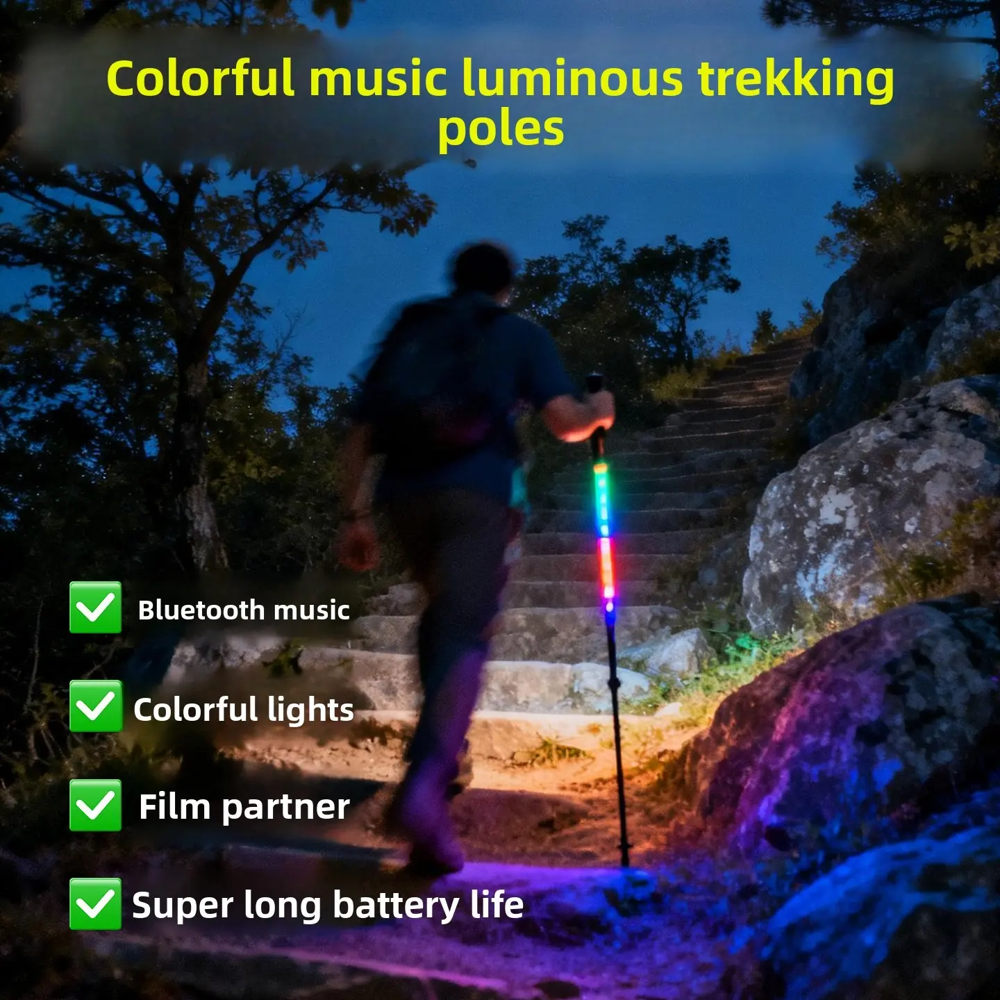 Smart hiking poles Multi-functional music luminous outdoor hiking poles, professional night climbing equipment canes, light lighting A must for hiking