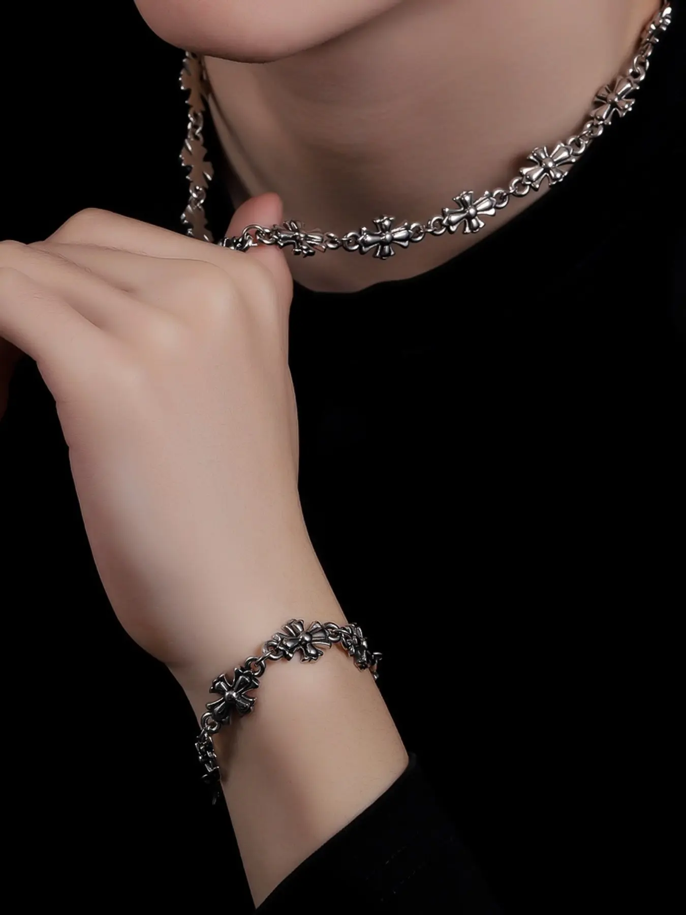 2pcs Punk Style Men's Bracelet and Necklace Set, Vintage Cross Alloy Jewelry, Unisex Accessories for All Seasons