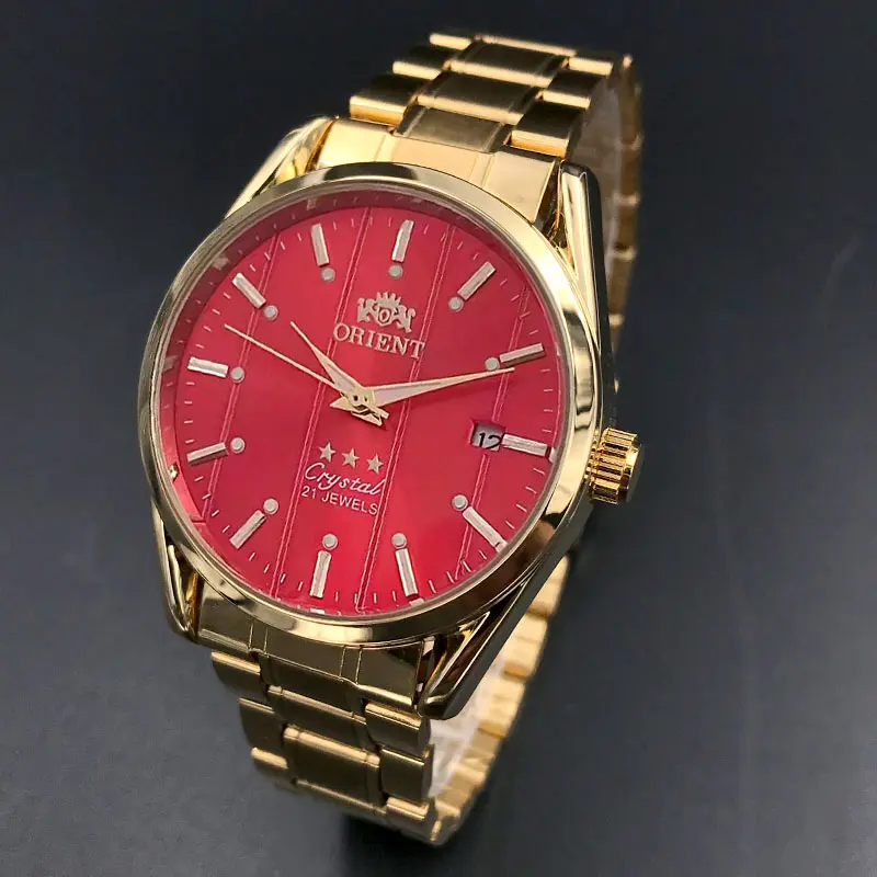 Ora Jewel  ORIENT Crystal 21 Jewels Gold Automatic Men Watch, Stainless Gold Band, Skeleton Transparent Back, Luminous Red & Black Sunburst Dial Date, Business Self-Winding Wristwatch Gift for Gentleman Collectors,Men's,genuine,Chronograph