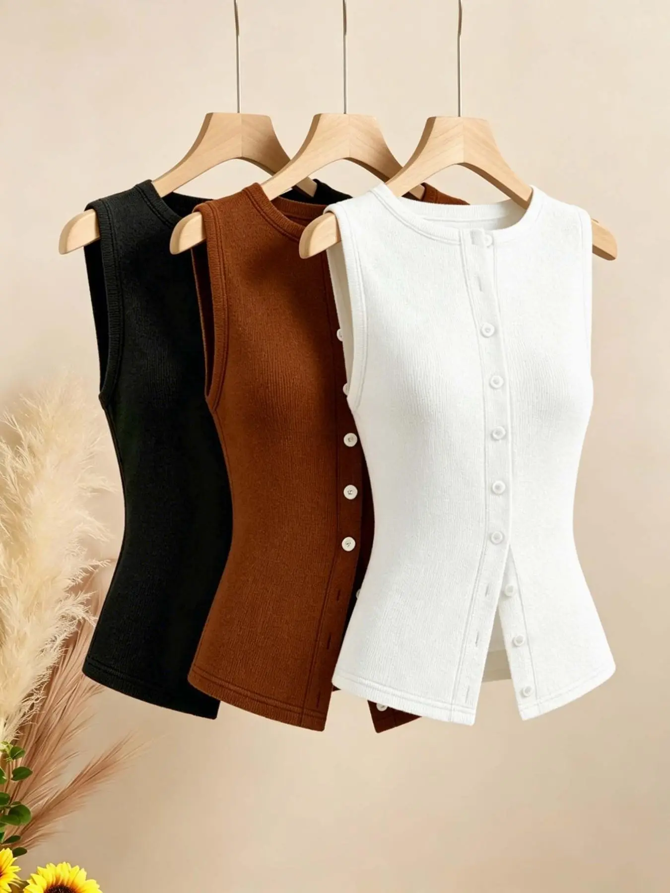 3-Piece Set Solid Color Round Neck Button Front Knit Vest for Women, Slim Fit Waistless Sleeveless Jumper, Versatile Office Wear Top