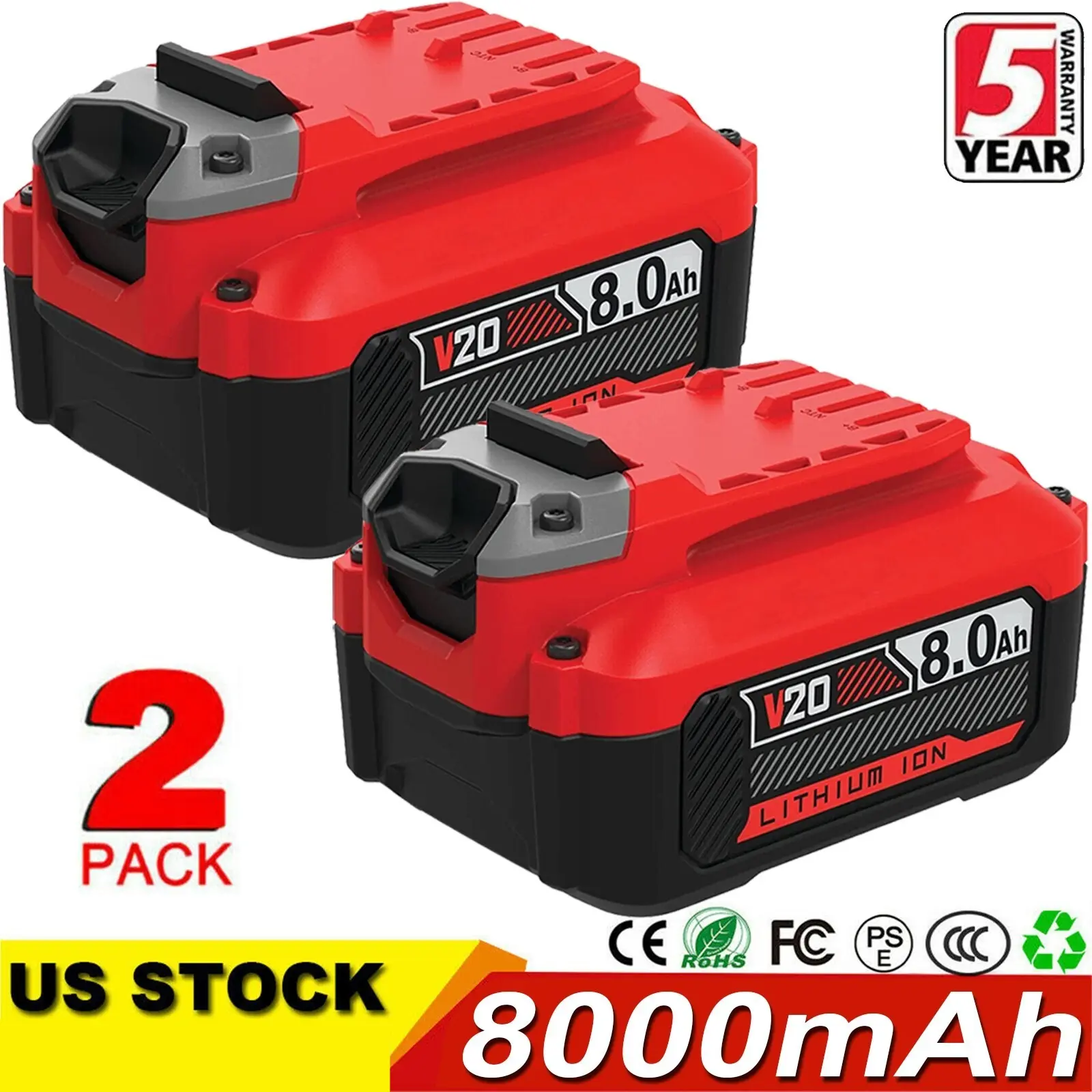 Craftsman 20V V20 8.0Ah Li-ion Replacement Batteries (2-Pack) for Cordless Power Tools, Compatible with CMCB204/202/6 for Craftsman Users