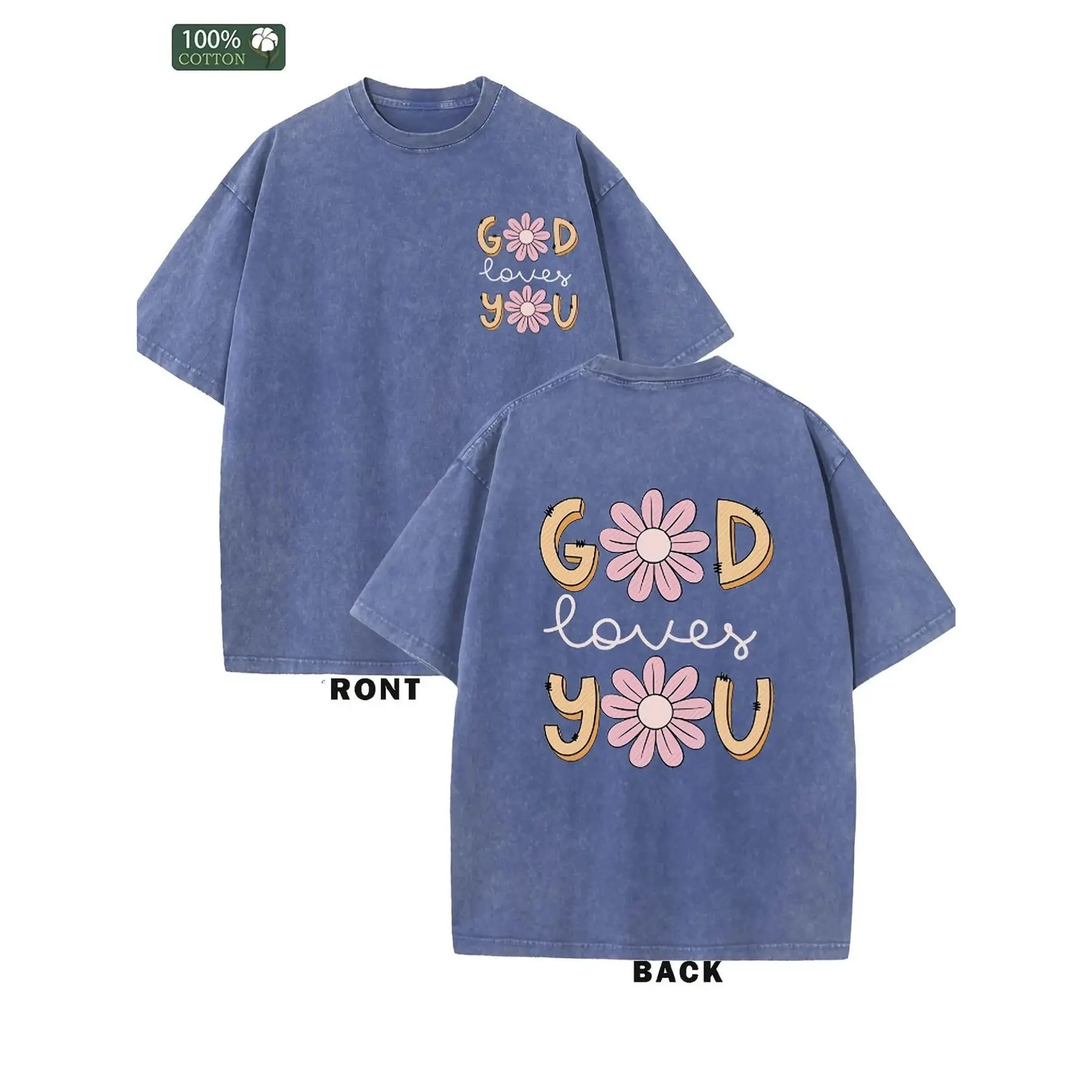 Men's 230G Cotton Knitted Baggy Loose-Fit Reversible Tee - Vintage Basic Treasure, Washed Batik Retro Distressed, "GOD LOVES YOU" Printed, Adequate Thickness, Summer Must-Have, Round Neck, Ideal for Outdoor Activities Menswear Top, T-Shirt, All Seasons