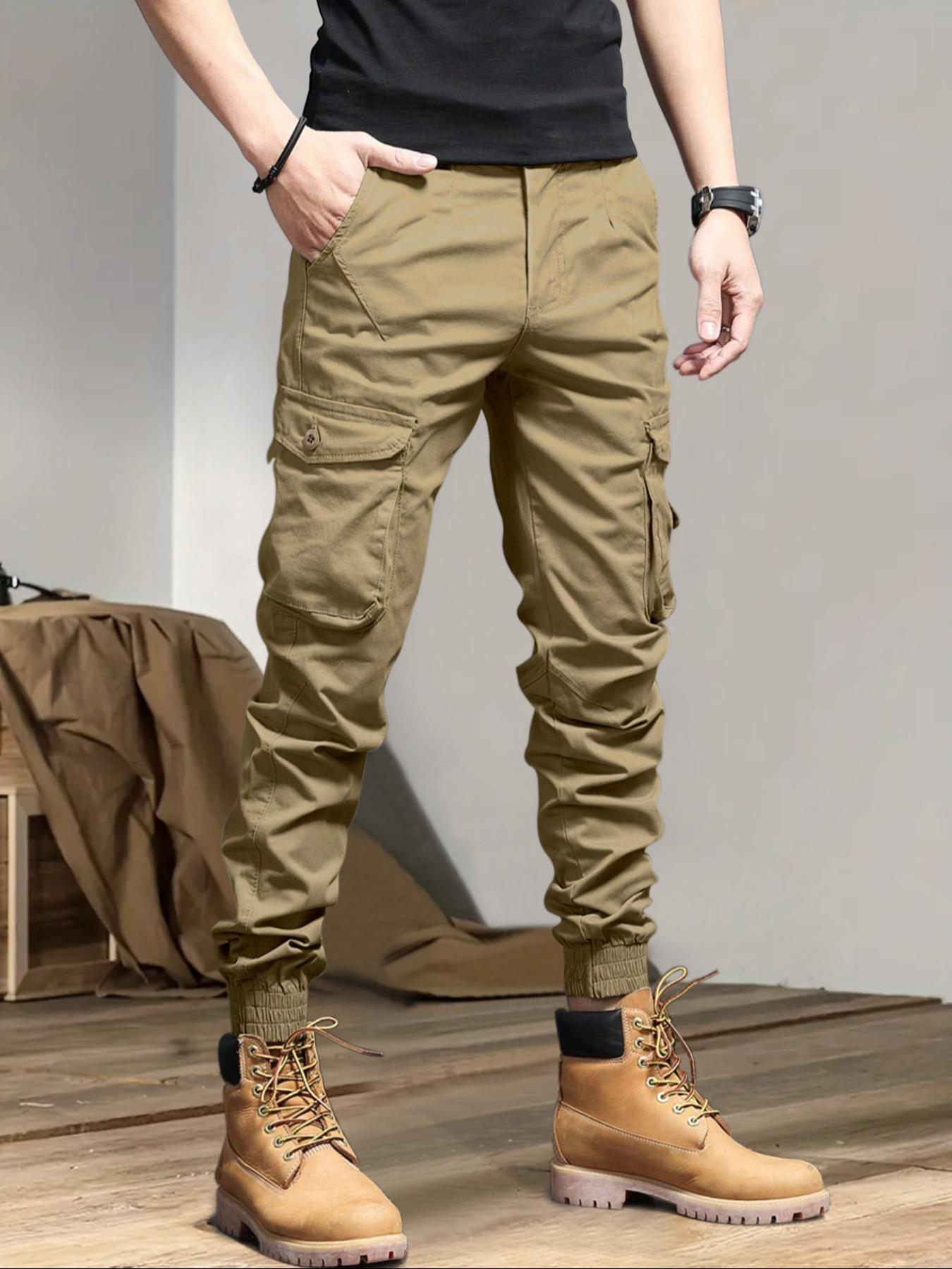 Men's Solid Drawstring Cargo Pants, Loose Casual Slant Pocket Elastic Waist Trousers for Outdoor Wear, Men's Streetwear Bottoms for All Seasons