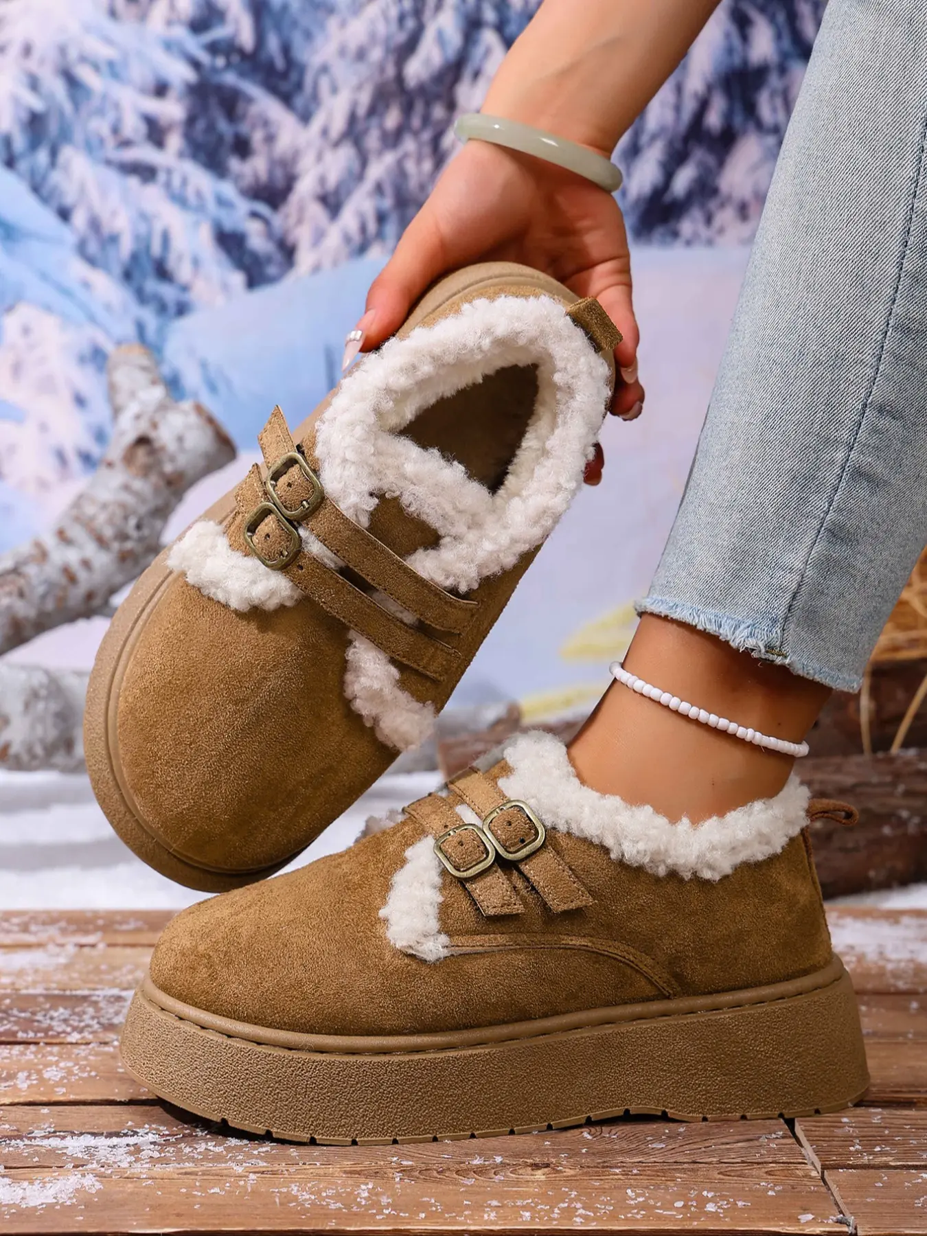 Women's Double Buckle Fleece Trim Platform Winter Shoes, Fuzzy Lined Warm Ankle Booties, Non‑Slip Thick Sole Casual Snow Footwear #WomenBoots #PlatformWinterShoes #FleeceBooties #WarmFootwear