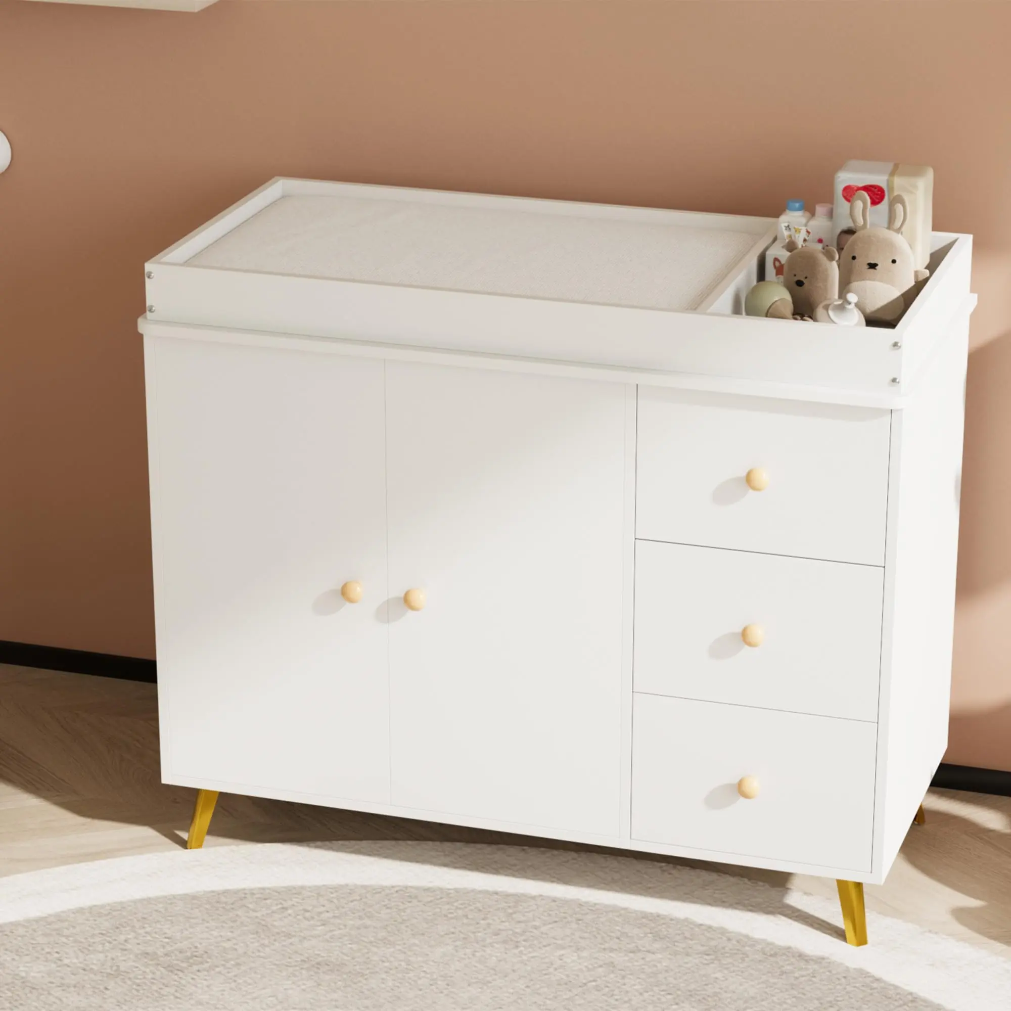 Baby Changing Table Dresser - 3 Drawers & Cabinet, Waterproof Changing Pad, Easy-Clean Storage, Nursery Diaper Station, Sturdy Infant Furniture