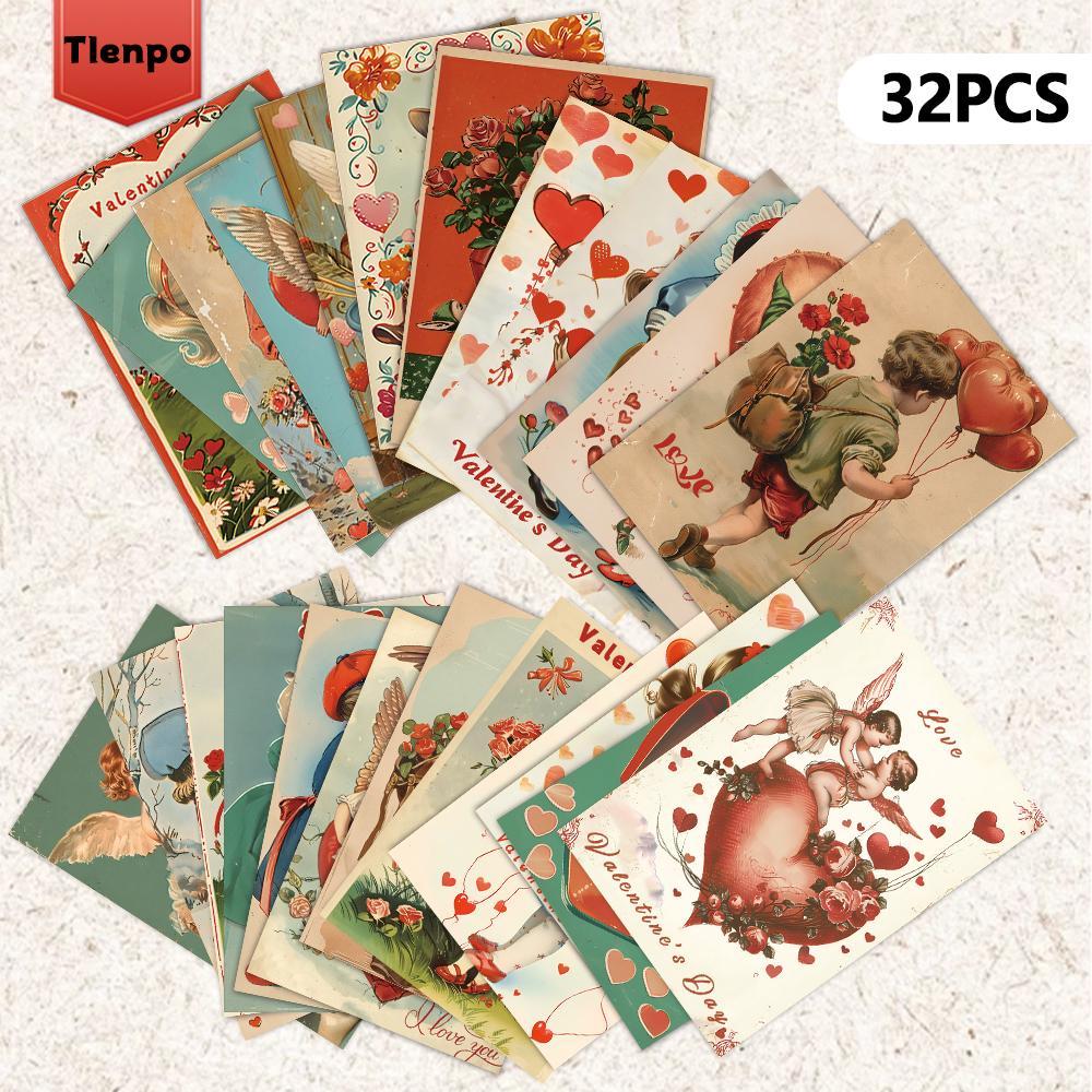 Vintage Valentine's Day Postcard, 32pcs/set Romantic Valentine's Day Card, Wall Decorative Card, Message Card, Valentine's Day Greeting Card