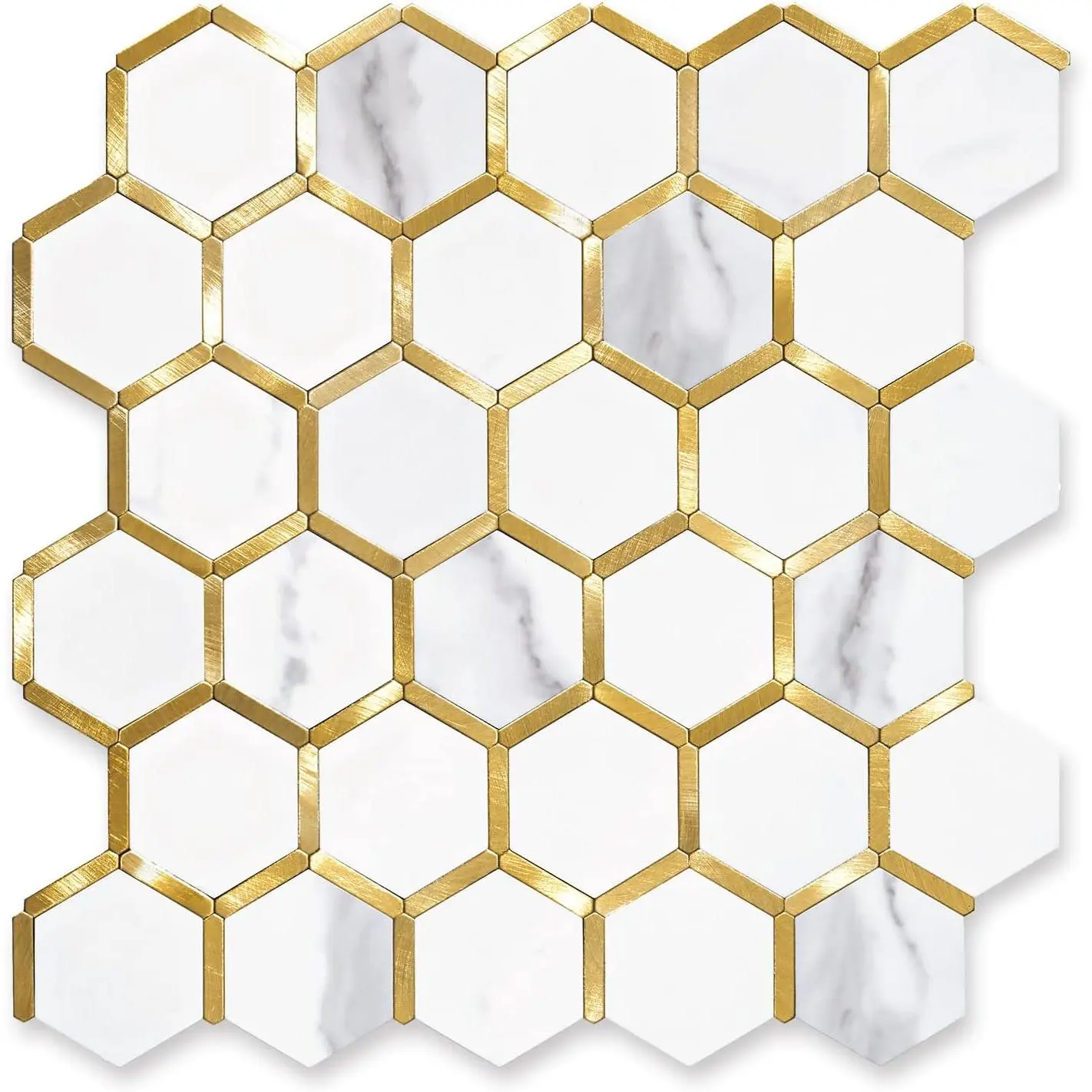 Hexagon Peel and Stick Backsplash Tile, Stick  Backsplash for Kitchen and Bathroom, White Marble Look PVC  Metal  Self Adhesive Metal Mosaic Tiles(Sample, Seamless)