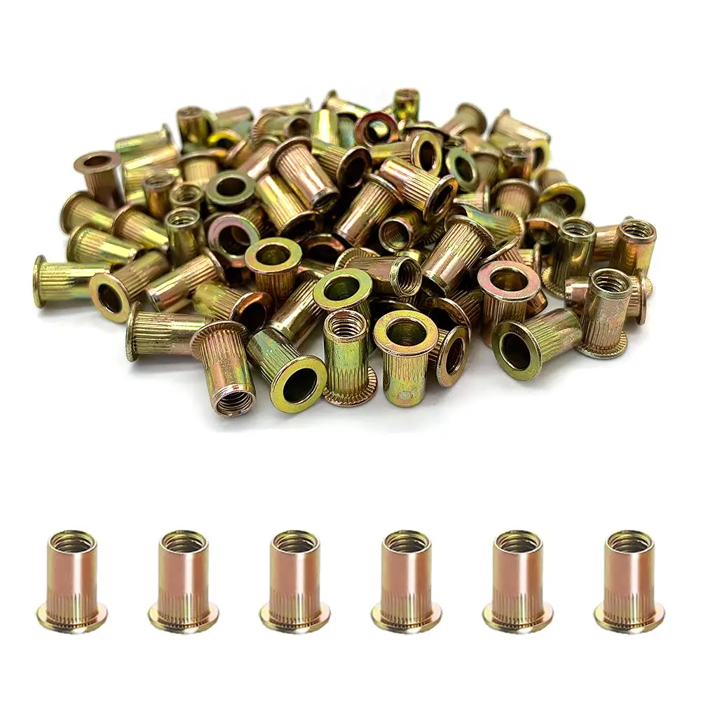 100 count -Rivet Nuts, M5 Carbon Steel Metric Rivet Nut  Kit, Flat  Threaded Insert Nutserts Assort,for Automotive Furniture Decoration Electrical and Industrial Products (NUT-M5)
