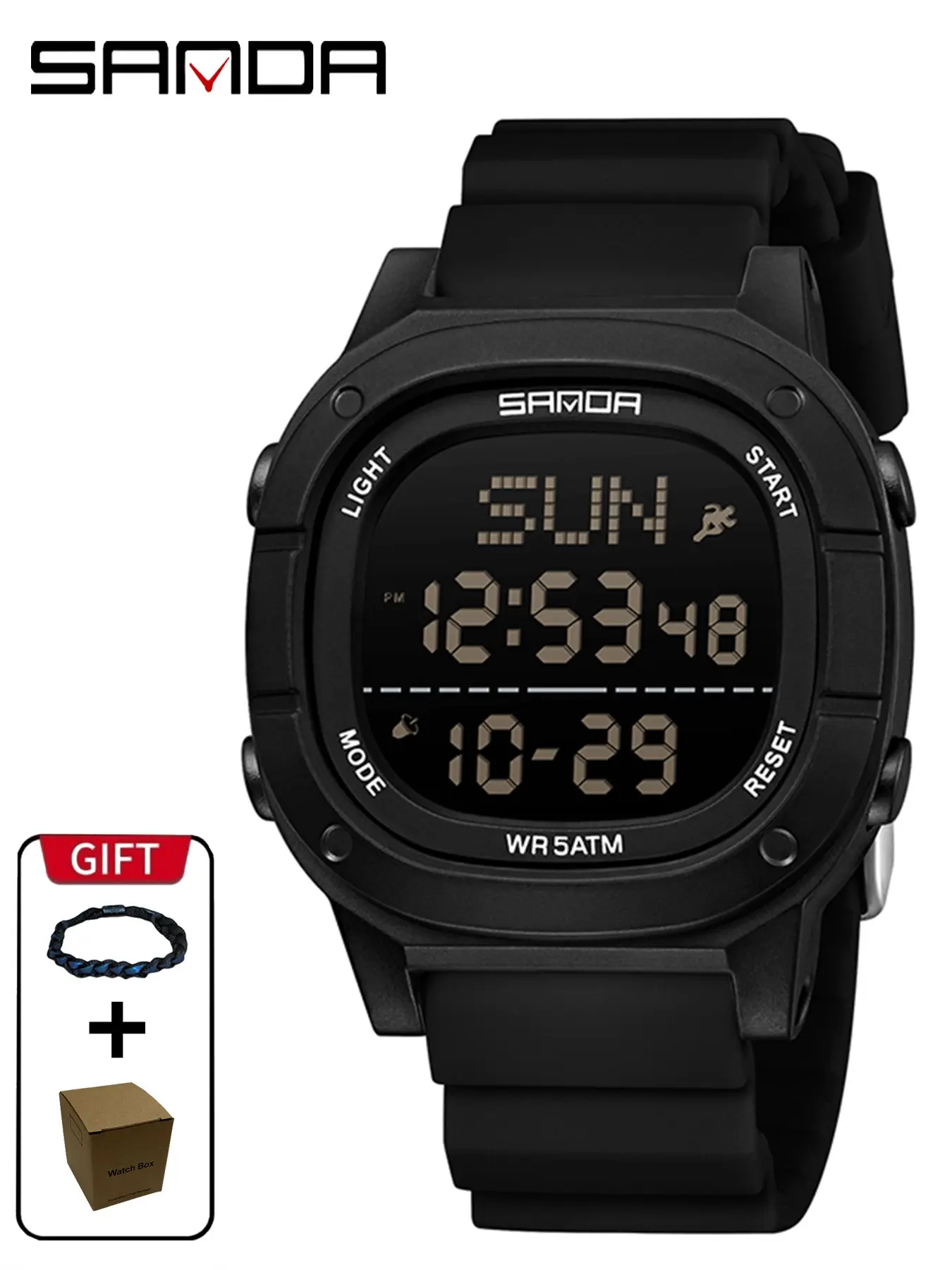 1Set Sanda 9078 Square Electronic Watch 5Atm Waterproof Outdoor Sports Watch Multifunctional Electronic Watch Large Screen Day Of The Week Display Abs Case+304 Steel Bottom Cover Electronic Watch Multicolor Optional