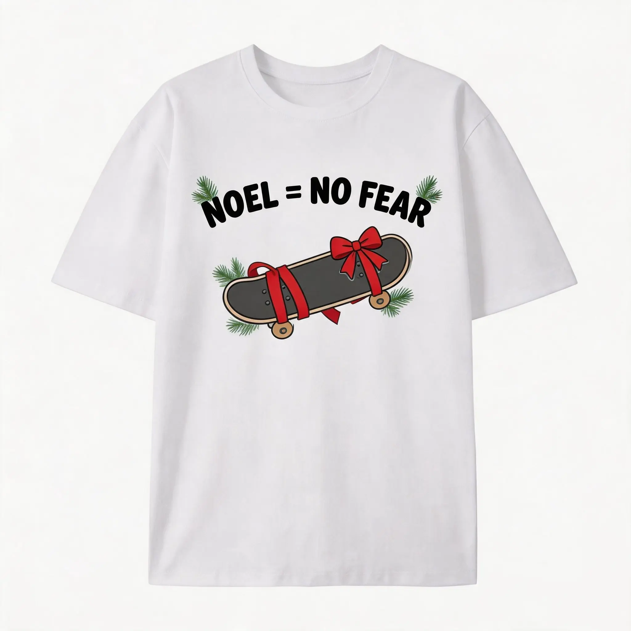 Christmas Skateboard Red Bow Pine Noel No Fear Graphic Oversized T-Shirt, Comfort 100% Cotton Fashion Outfit, Cute Xmas Skater Streetwear Top, Best Christmas Valentines Holiday Gift For Him Her Lover Family Friends Teen Skater Present