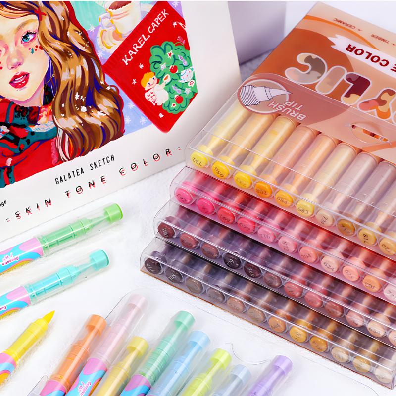 Skin Tone & Macaron Colors Acrylic Paint Markers, Brush Tip Set for Paper, Wood, Rock, Glass, Plastic, Metal, Canvas, Anime Painting, Art Marker Pen
