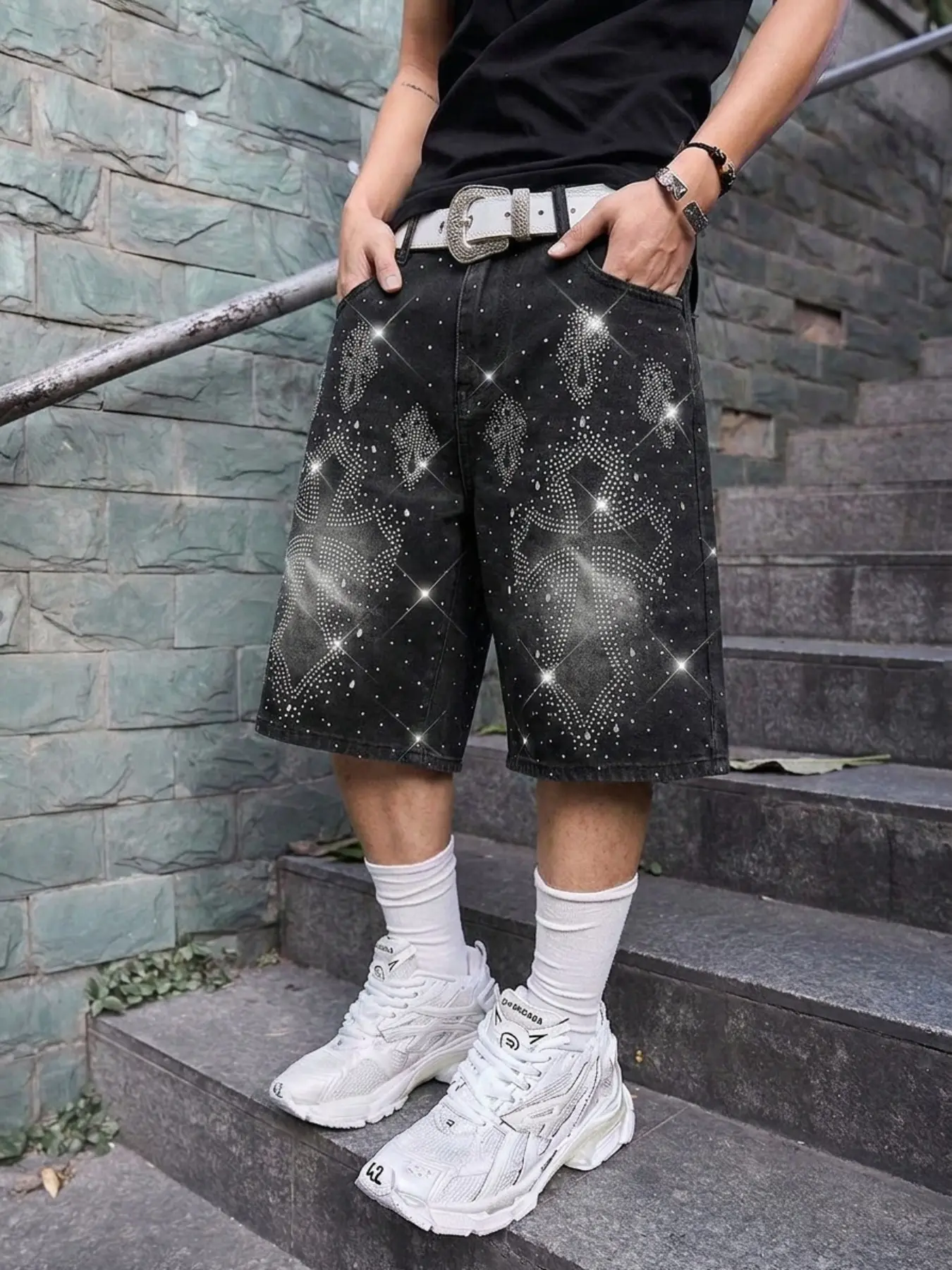Men's Loose-Fit Jeans with Cross Rhinestones, Vintage Design, Street Style Zipper Fly, All-Season Casual Wear