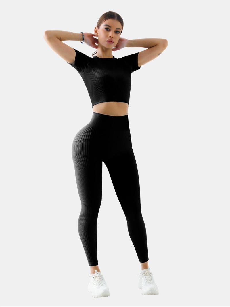 Women's Solid Tracksuit Set, Stretchable Activewear, Sport Raglan Sleeve Crop Top & High Waist Leggings, Summer Clothes Women, Women Tracksuits for Summer