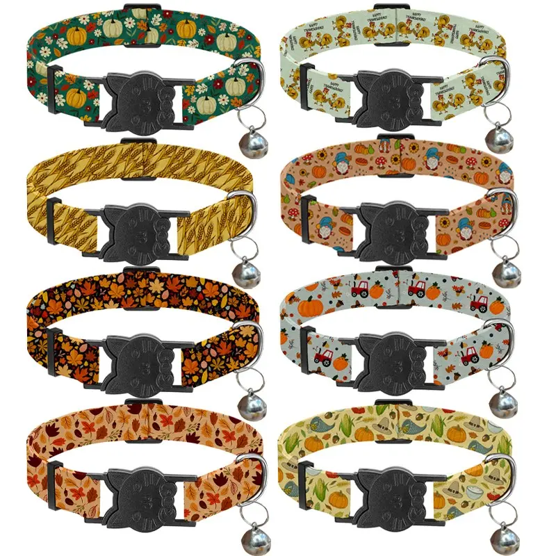 8-Pack Autumn Theme Cat Collars with Bell, 8 Unique Fall Prints, Metal Bell Parts, Safety Buckle, Silver Color Adjustment Ring