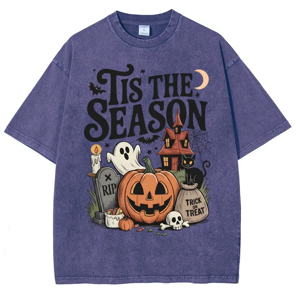 Vintage Halloween Tis The Season Shirt Oversized Washed Graphic Tee Spooky Season Pumpkin Ghost Trick Or Treat Short Sleeve T-Shirt Unisex Loose Fit Streetwear