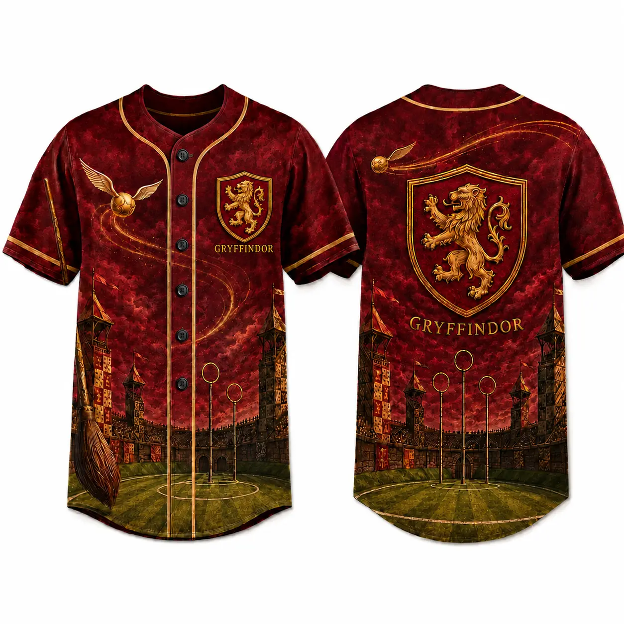Harry Potter Gryffindor Baseball Jersey Shirt, Quidditch House Crest All Over Print Button Down Short Sleeve Game Day Fan Outfit for Men Women