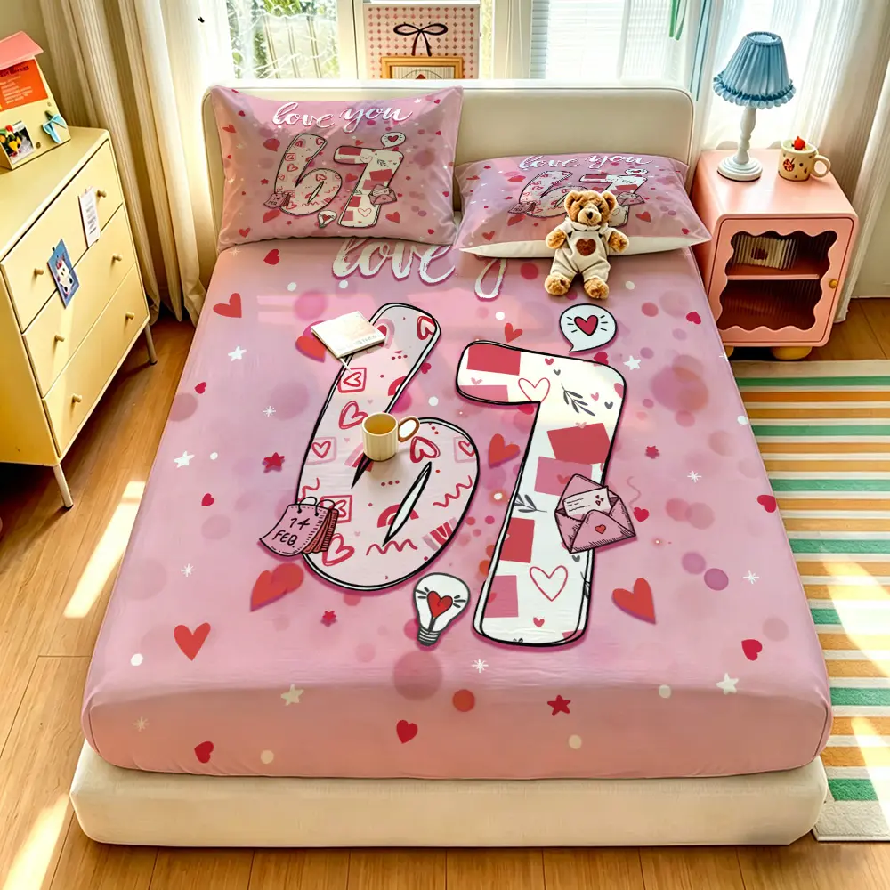 (1 fitted sheet + 2 pillowcases, no filler),Girl style digital 67 print,Multi-size fitted sheet 3-piece set, soft skin-friendly & machine washable, all-season bedding for home decor, perfect gift choice for bedroom