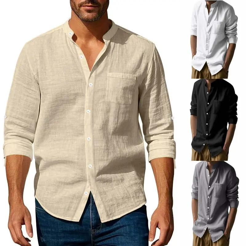 2026 New Men's Linen Shirt – Long-Sleeve, Mandarin Collar, Breathable & Casual – Featuring Buttons and Pockets – Neo-Chinese Style