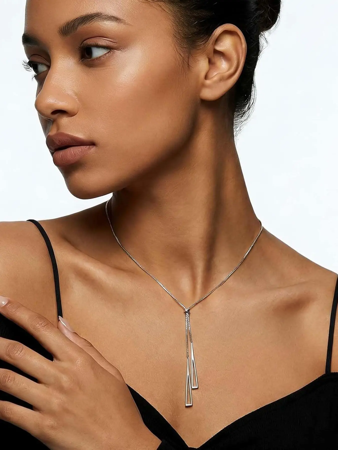 Elegant Women's Dual Triangle Pendant Necklace, Silver Color Long Chain Scarf Necklace, Simple Jewelry Gift
