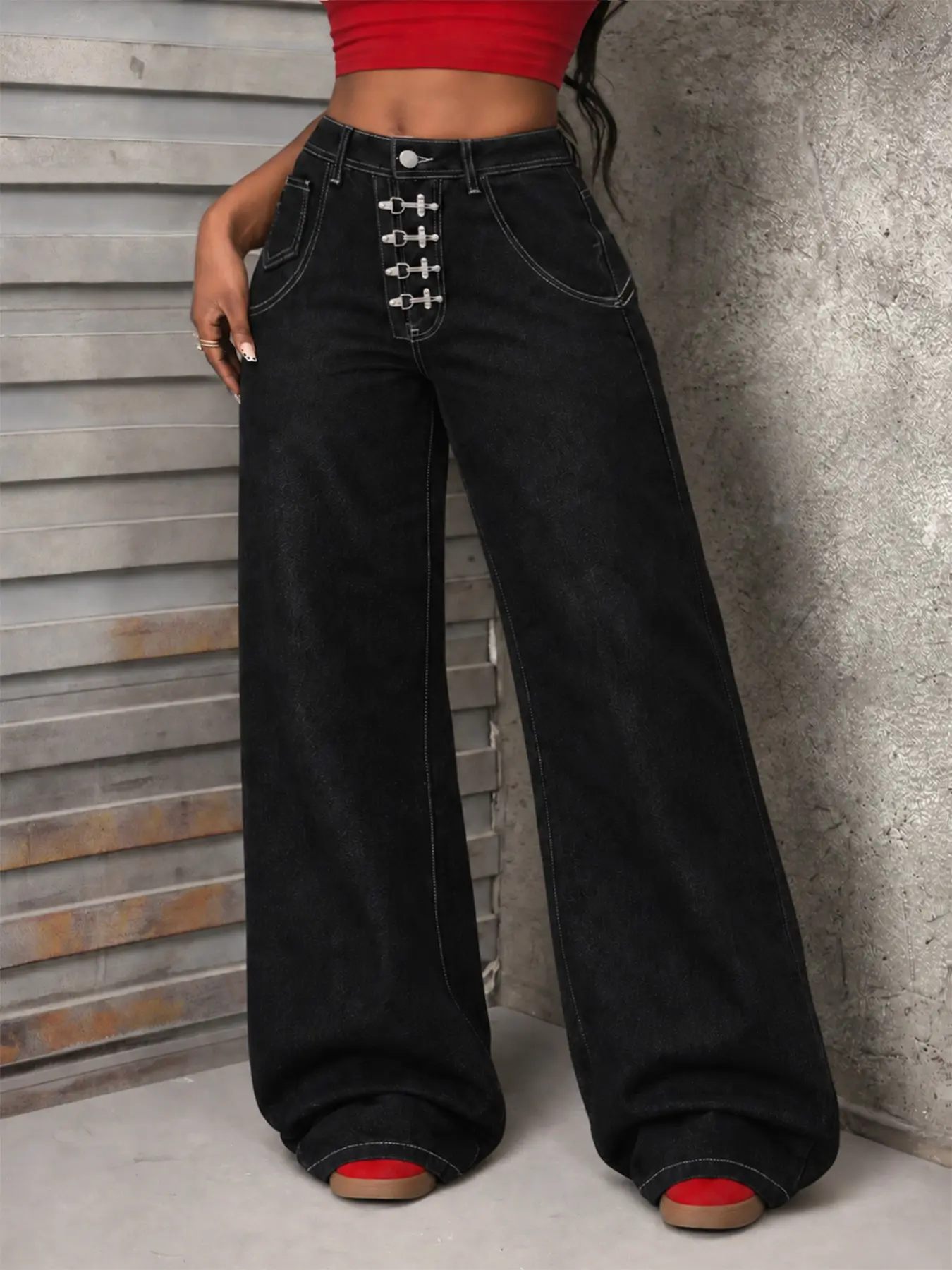 Mid Rise Wide Leg Loose Jeans Women Y2K Style, Vintage Wash Puddle Denim Pants Contrast Thread Multi Hook Button Detail, Edgy Streetwear Baddie Party Concert Outfit Jeans (Excluding belts and accessories)
