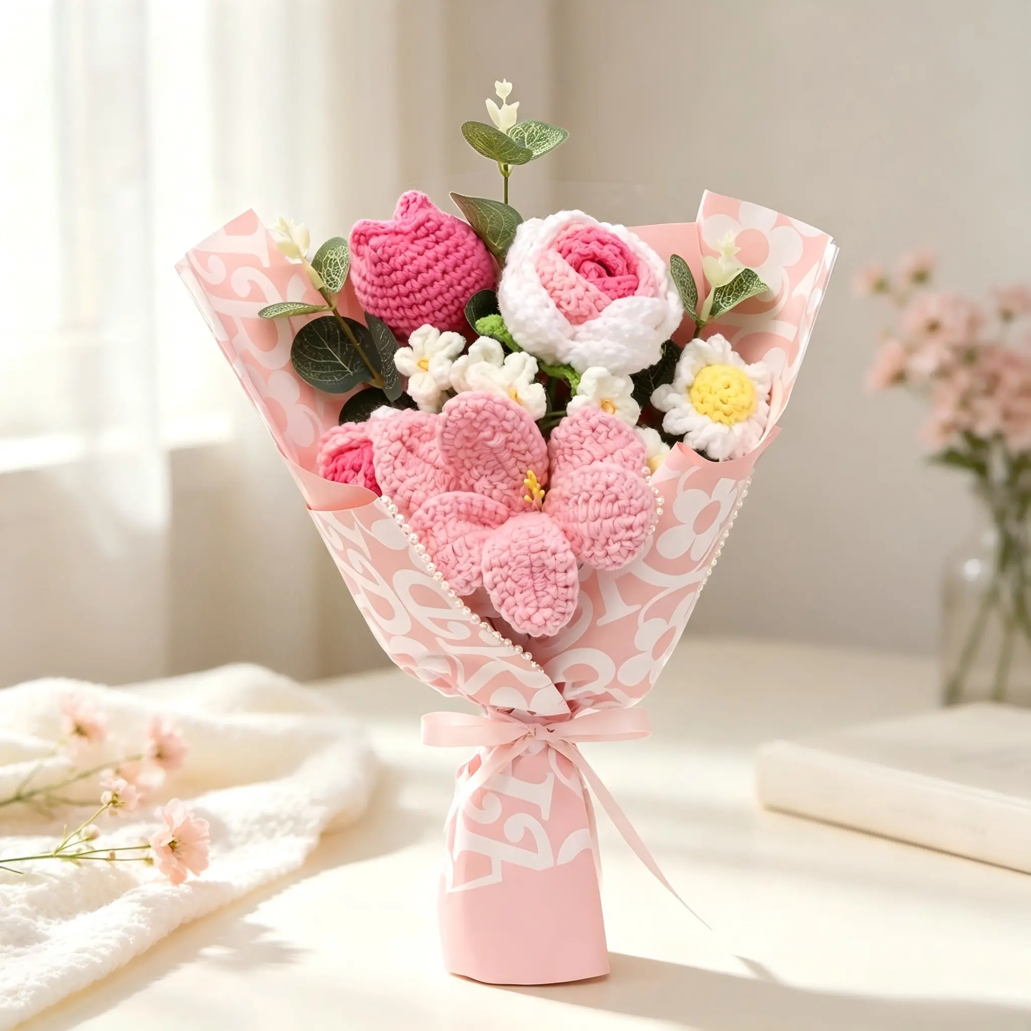 Handmade Crochet Mixed Flower Bouquet, Yarn Woven Realistic Rose Peony Daisy, Elegant Gift Packaging, Desktop Decoration Ornament
