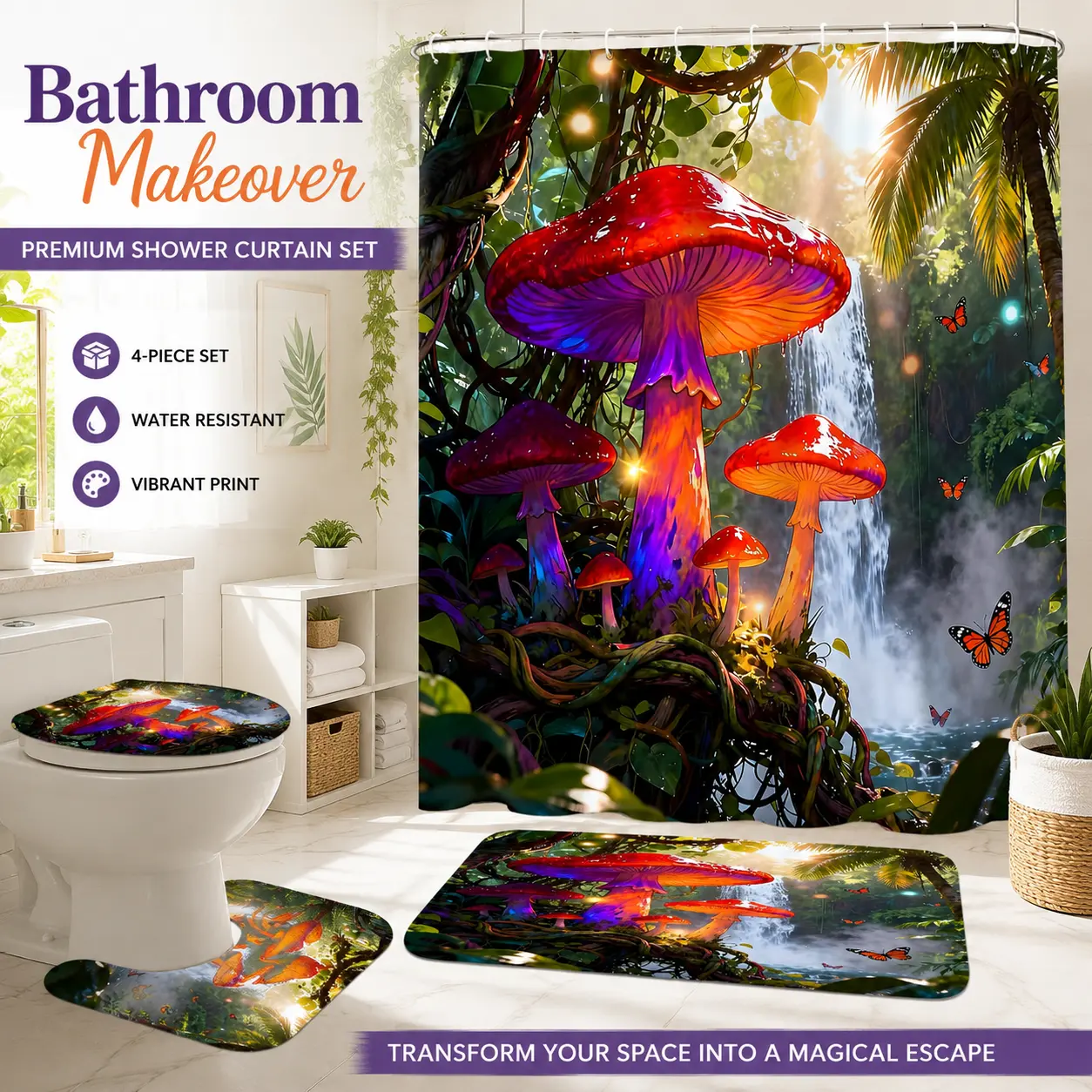 Fantasy Mushroom Shower Curtain Set 4 Pieces, Magical Forest Bathroom Decor with Bath Mat, Toilet Lid Cover & U-Shaped Rug, Waterproof Polyester Shower Curtain Set