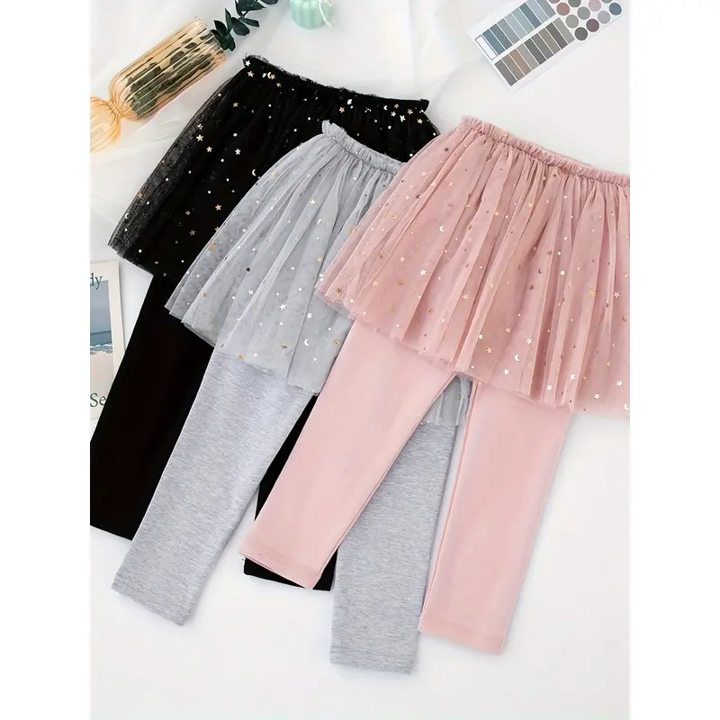 Two-pc Spring/Autumn Children's Romper Skirt, Princess Lace Gauze Skirt Leggings with Sequined Stars, Girls' Legging Skirt