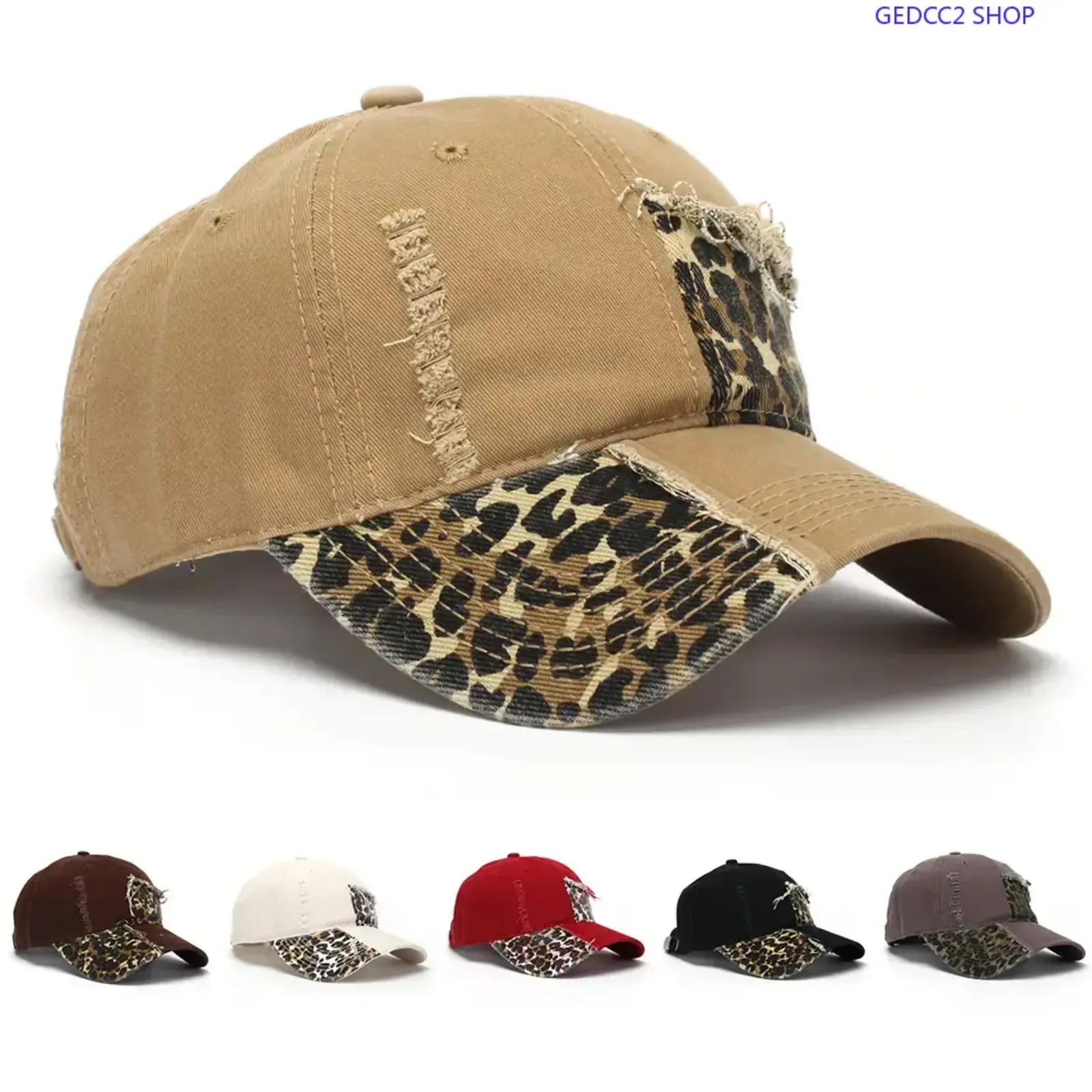 Polyester Leopard Print Patchwork Distressed Look Baseball Cap for Men-Women, Adjustable Strap Vintage Dad Hat, Casual Wear Everyday Hat, One-Size-Fit-All