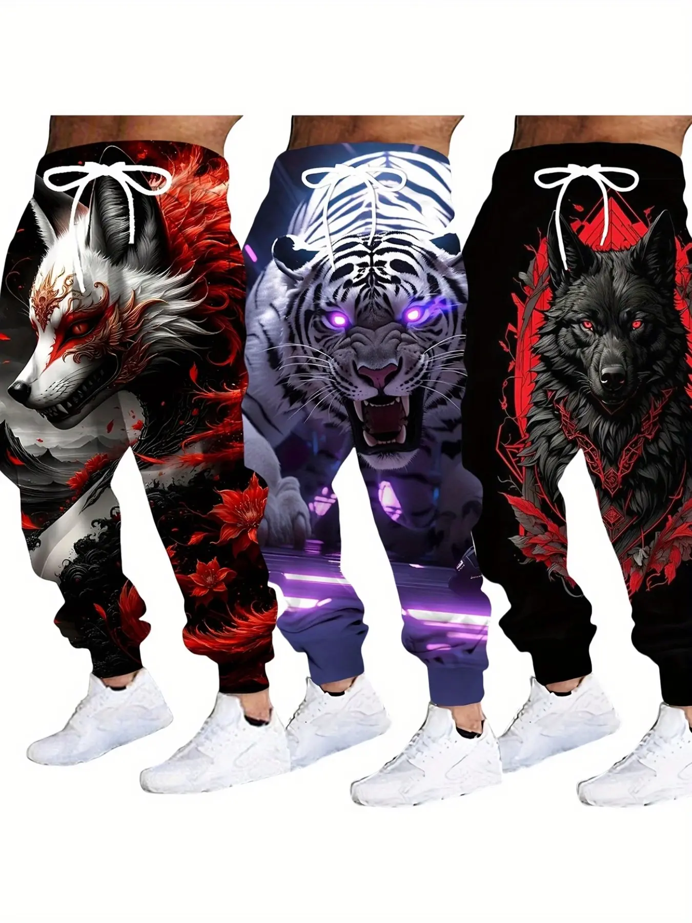 Men's Wolf Fox Tiger Pattern Sweatpants, Drawstring, Casual Long Pants, Fall Winter, Loose Fit, Mid Waist