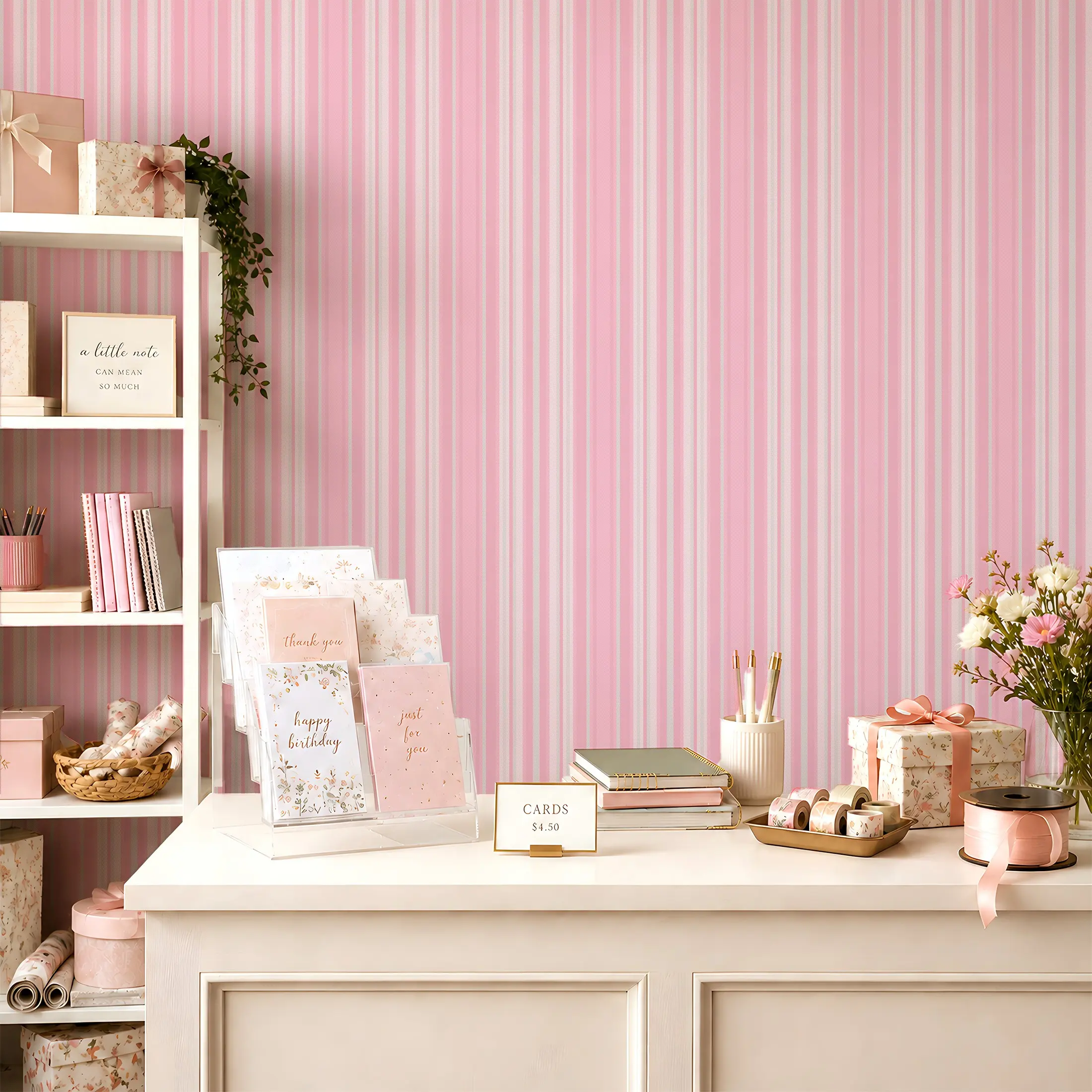 44.5cm/17.5in Wide Pink Broad Stripe Peel and Stick Wallpaper, Seamless Splicing Waterproof Self-Adhesive Contact Paper, Easy Cut Removable Decor for Bedroom, Closet, Dining Room & Furniture Makeover, Striped Wallpaper