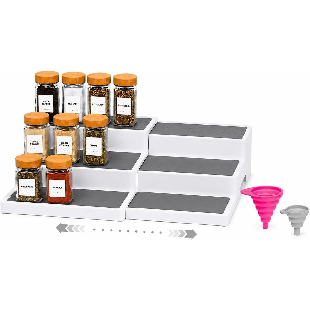 Pack of 1, Expandable 3 Tiered  Rack Organizer for Cabinet and Kitchen Pantry Shelf - Non-Slip Shelves for Spices, Seasoning, Canned ,  Cabinet Organizer - Includes  Funnels