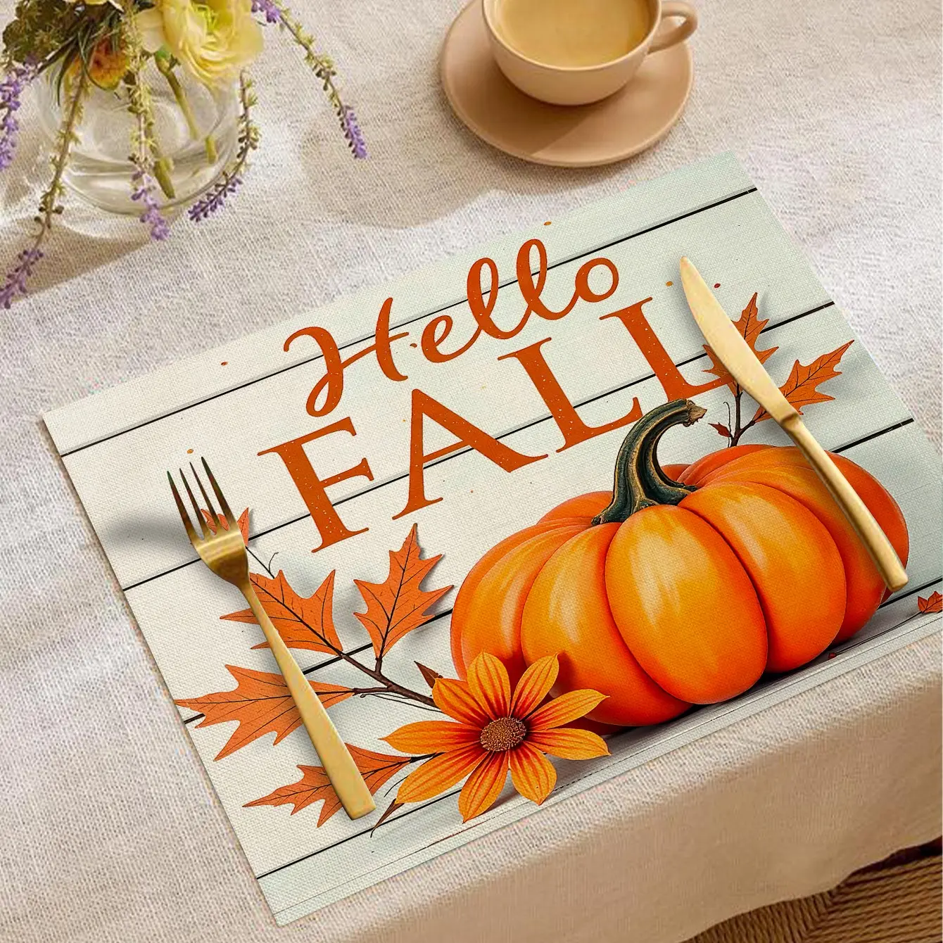 Autumn Harvest Pumpkin Sunflower Table Placemats, Heat Resistant, Minimalist Style, Ideal for Festive Dinners & Daily Use, Home Decor