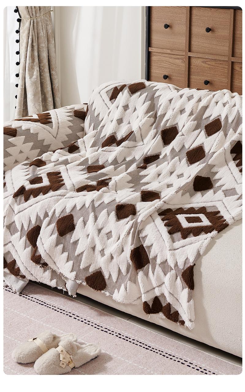 Bohemian Plush Sofa Throw Blanket, Geometric Pattern Design, Pet-Friendly, All-Season Use, Home Decor, Sofa Couch Covers, Sofa Slipcover
