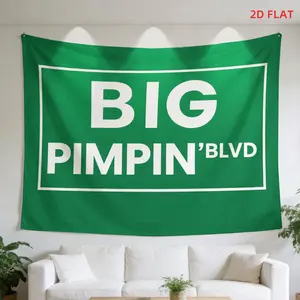 2D Flat - 2D Flat - A Large Tapestry Featuring a Street Sign Design with a Green Backdrop And White Lettering That Reads 'Big Pimpin Blvd'. Ideal for Decorating Walls in Bedrooms, Living Rooms, Meditation Spaces, Offices, Or for Party Decor