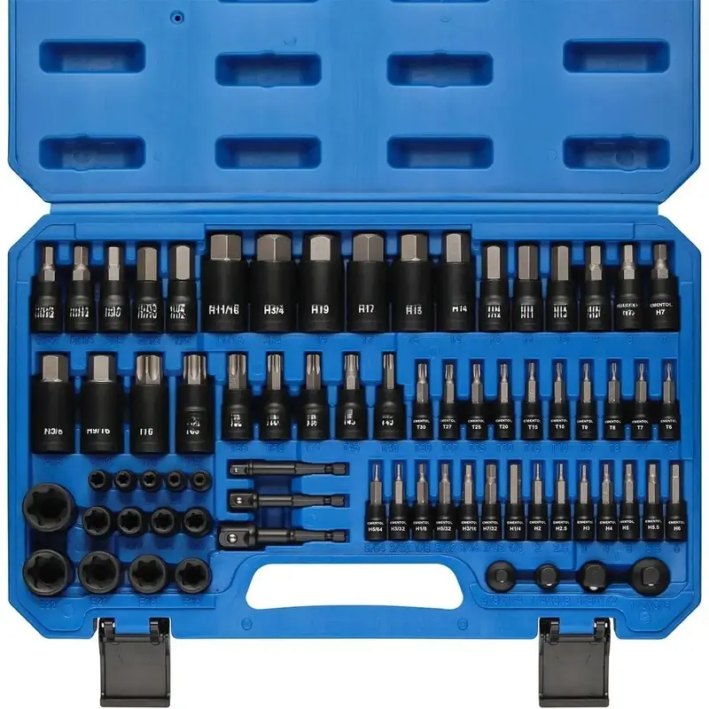 71-Piece Torx & Hex Bit Impact Socket Set, Heat-Treated S2 & Chrome Vanadium Steel Tools, 1/4"-1/2" SAE/Metric Drives, E4-E24 Inclusions & Drill Adapter for Strength Training Equipment Maintenance, Mechanic Tools