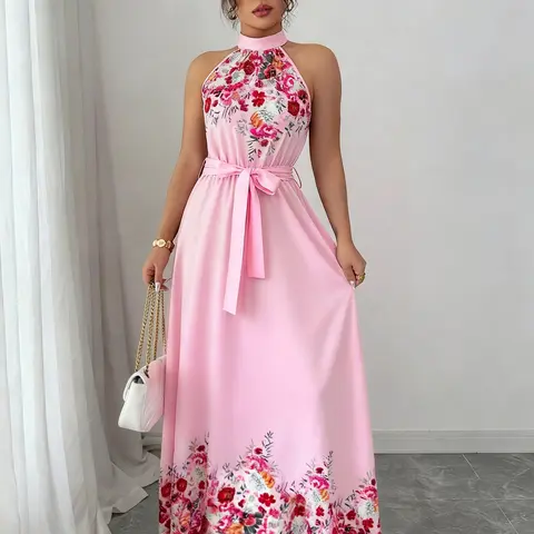 Women's Fashion Floral Print Pleated Long Dress, Romantic Sexy Design, Perfect for Spring Summer Daily, Casual Wear, Womenswear, Boho Dresses, Boho Fashion Dress, Casual Boho Elegant