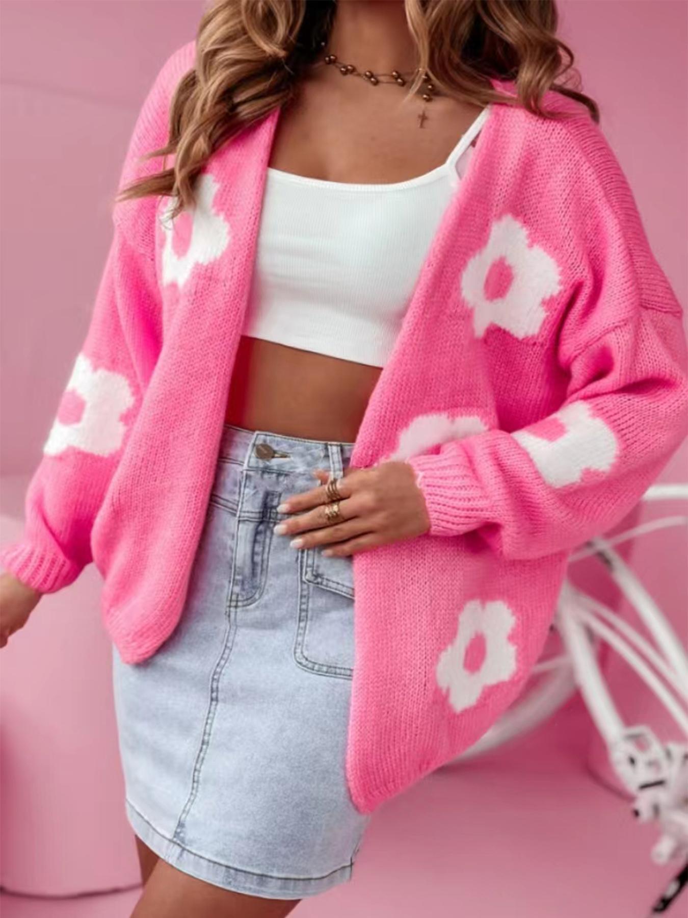 Plus Size Floral Print Drop Shoulder Cardigan, Casual Long Sleeve Open Front Knitwear for Fall & Winter, Women's Plus Clothing for Daily Wear