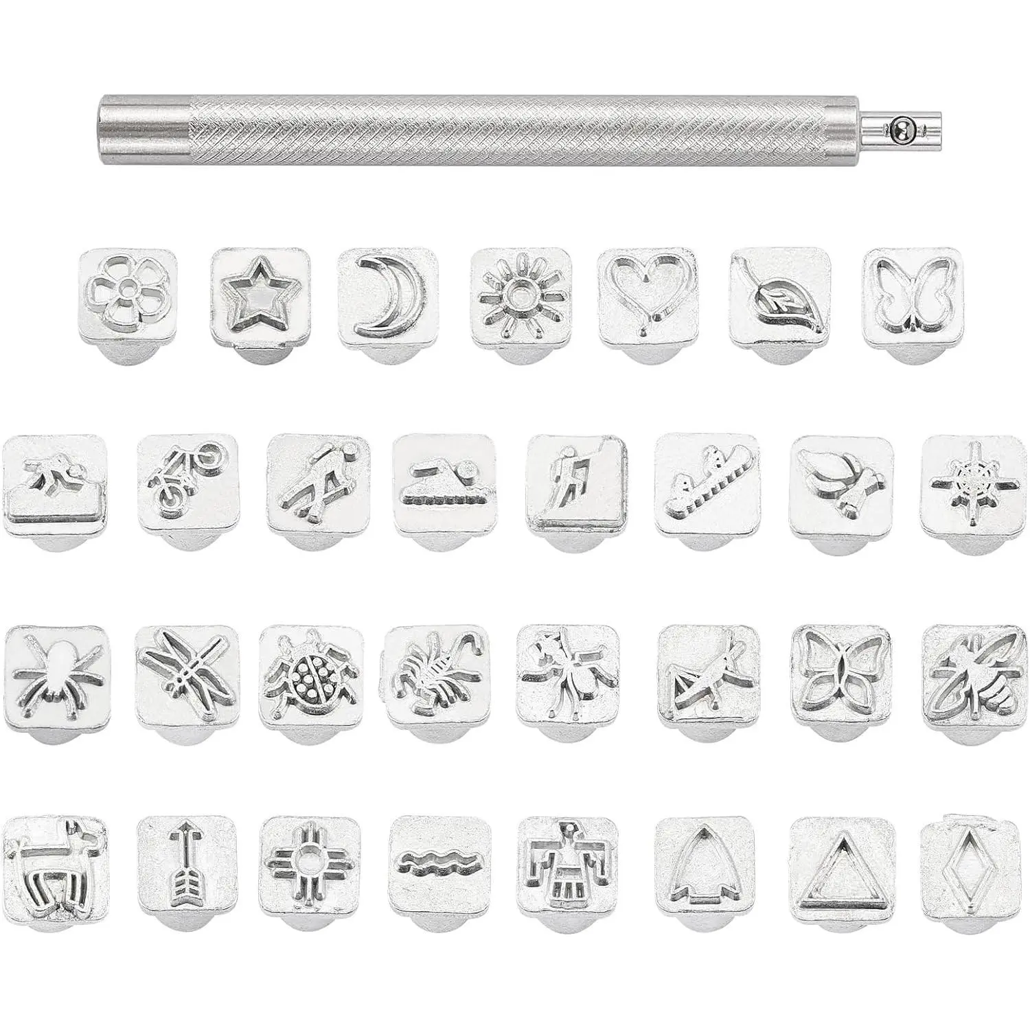 32 Pcs Stainless Steel Metal Insect Theme Leathercraft Stamps Punch Tool Set with 1 Handle for DIY Leather Craft Belt Bag Jewelry Marking