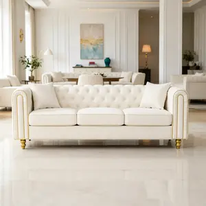 Loveseat Sofa - Button Tufting, Rolled Arms, Gold Legs for Living Room, Primary Space