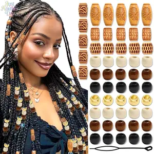 60 Pieces Mixed Style Natural Wood Hair Beads, Large Hole Carved Wooden Dreadlock Cuffs, Multicolor Hollow Braid Beads with Beading Tool for African Braid Hair Decor & DIY Hairstyle Accessories