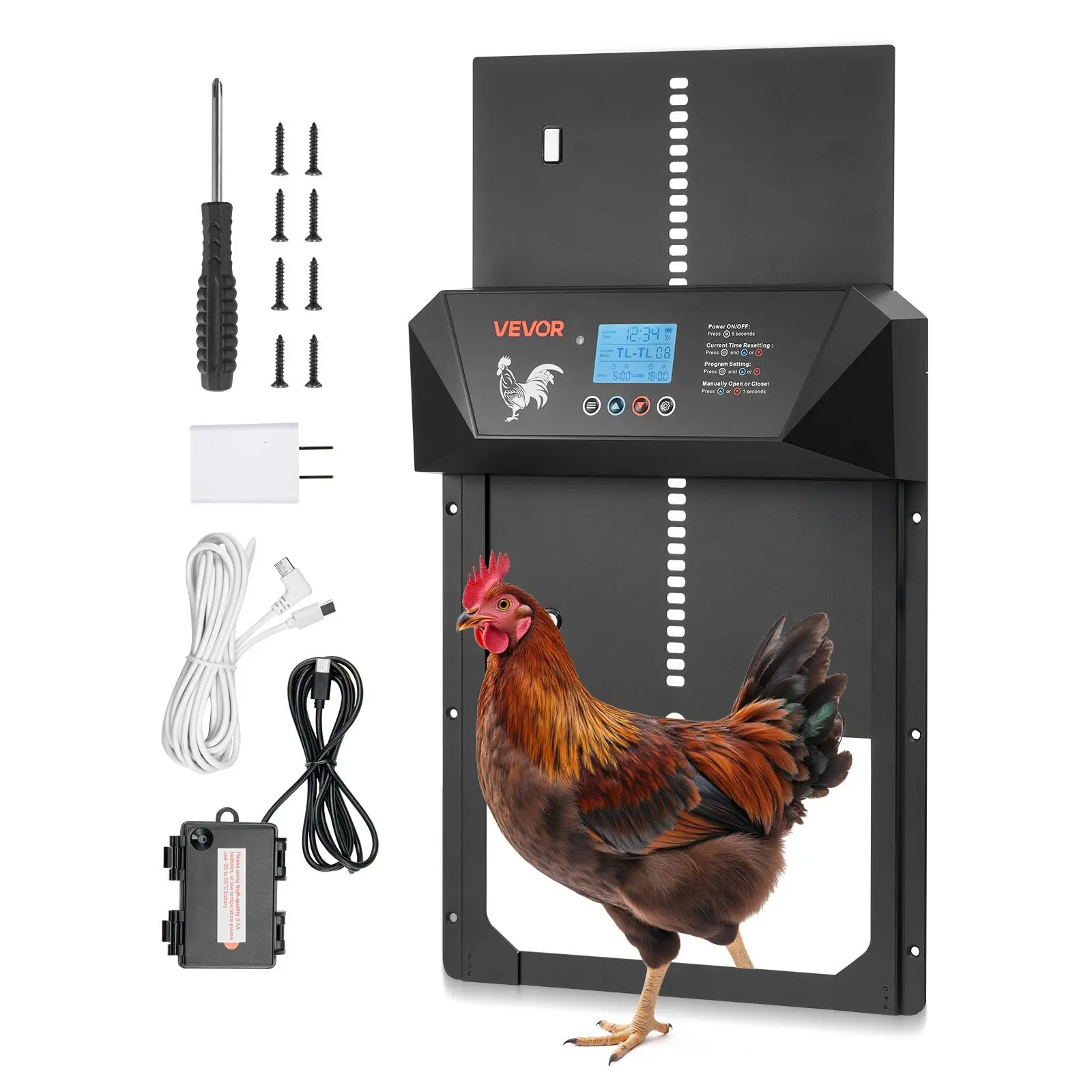 Automatic Chicken Coop Door, DC Battery Powered Chicken Door with LCD Display, Light Sensor, Timer Manual Setting, Anti-Pinch Security, Durable Aluminum Alloy, Chick Run Gate Opener for Farm
