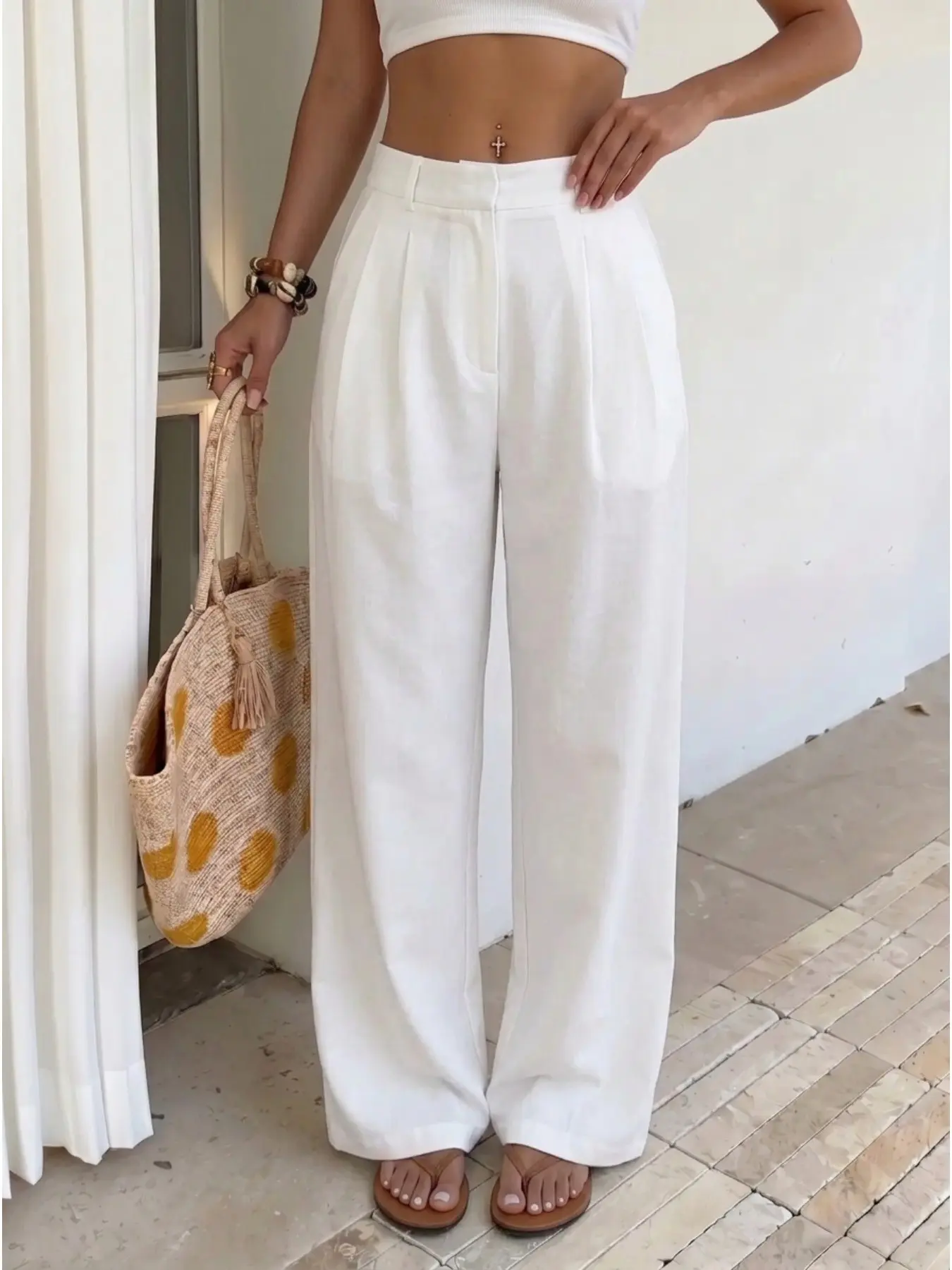 Women White High Waist Wide Leg Trousers, Slimming Loose Fit Tailored Pants, Casual Elegant Vacation Co Ord Bottoms For Daily Commute, Travel & Garden Party, Casual Commuter Wear