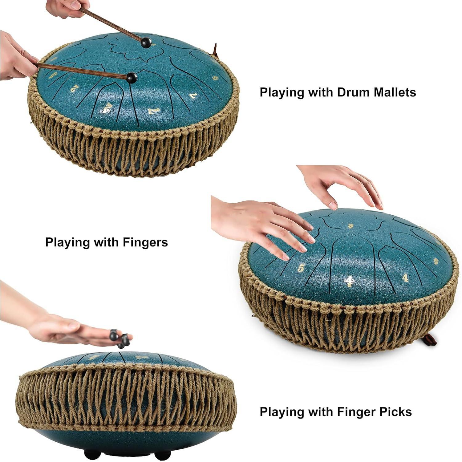 13-Inch 15-Note Steel Tongue Drum - C Major - Handpan Steel Drum for Meditation, Yoga & Relaxation - Includes Mallets,  Book & Carry Bag (Malachite Green)